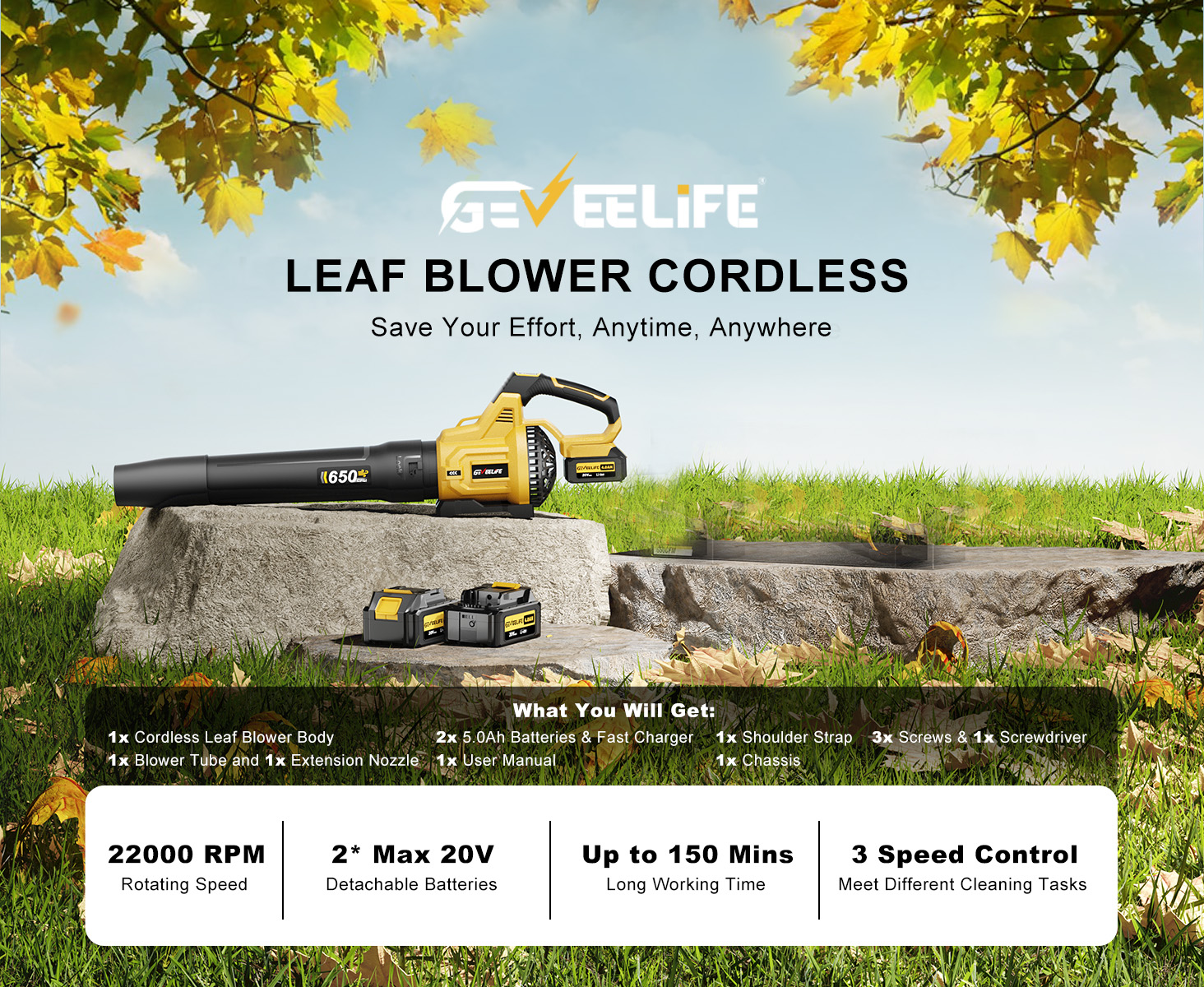 thumbnail video image 2 of GEVEELIFE Leaf Blower Cordless, 650CFM & 3 Speed Levels, Electric Cordless Leaf Blower with 2 * 5.0Ah Battery Powered, Blowers for Lawn Care, Yard, Blowing Leaves, Dust, Snow, 2 of 10