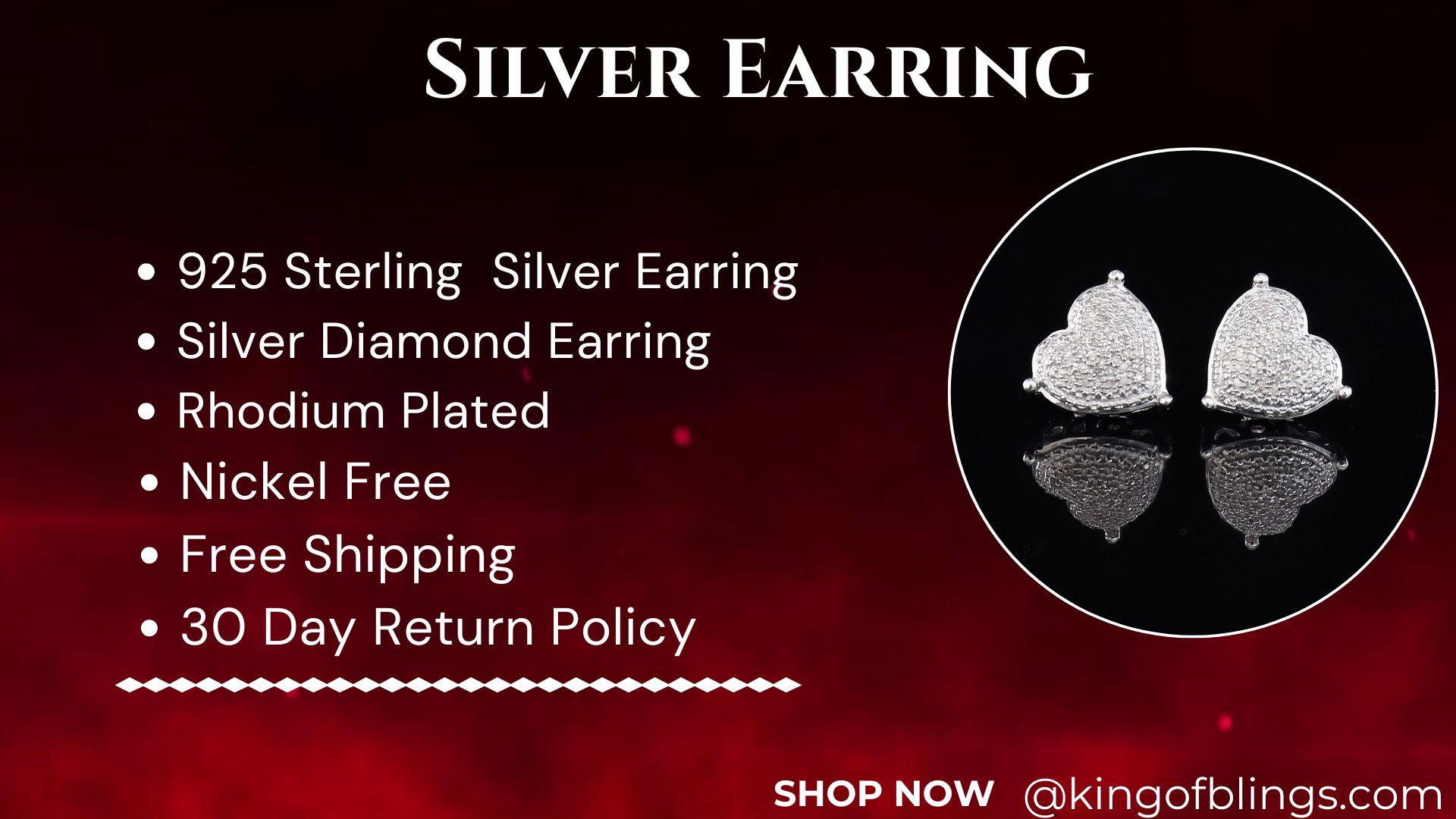thumbnail video image 2 of King of Bling's Aretes Para Hombre 925 White Silver 0.25ct Diamond Women's /Men's Heart Earring, 2 of 14
