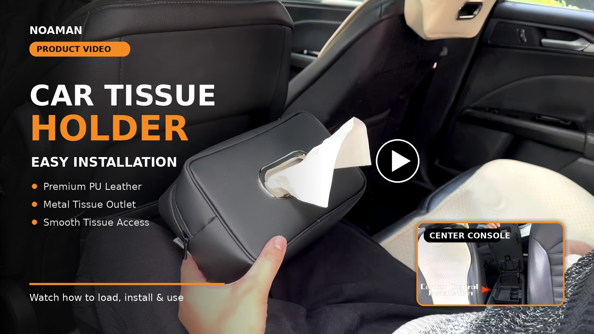 thumbnail video image 2 of Noaman Car Tissue Holder for Backseat, Rectangular PU Leather Tissue Box Organizer for Cars, SUVs & Trucks, Black, 2 of 9