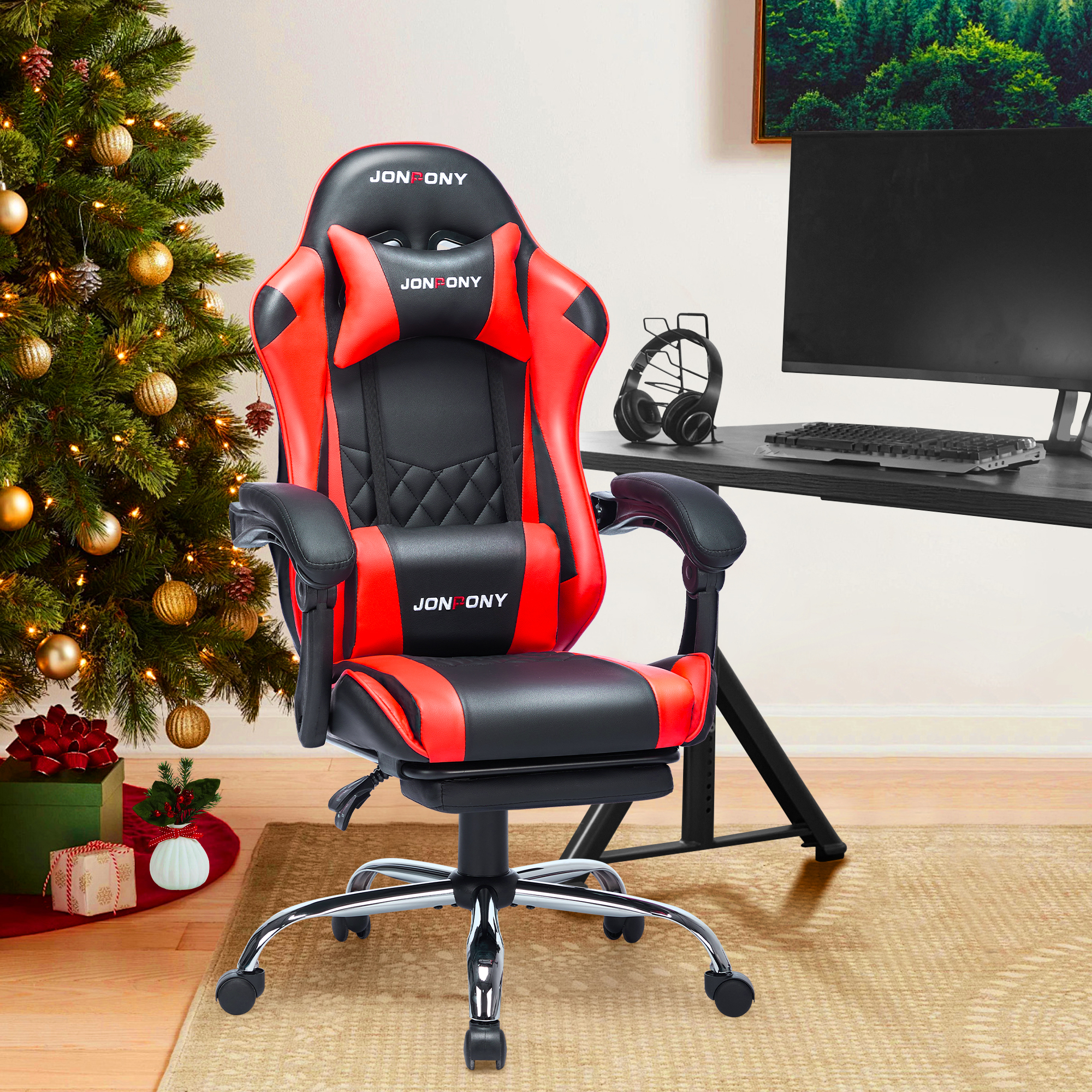 thumbnail video image 2 of JONPONY Big and Tall 400LBS Gaming Chair, Ergonomic Design, Gamer Chair PU Leather with Footrest and Lumbar Support, High Back Office Chair Support 8 Hours Long Sitting, Computer Chair,Red, 2 of 12