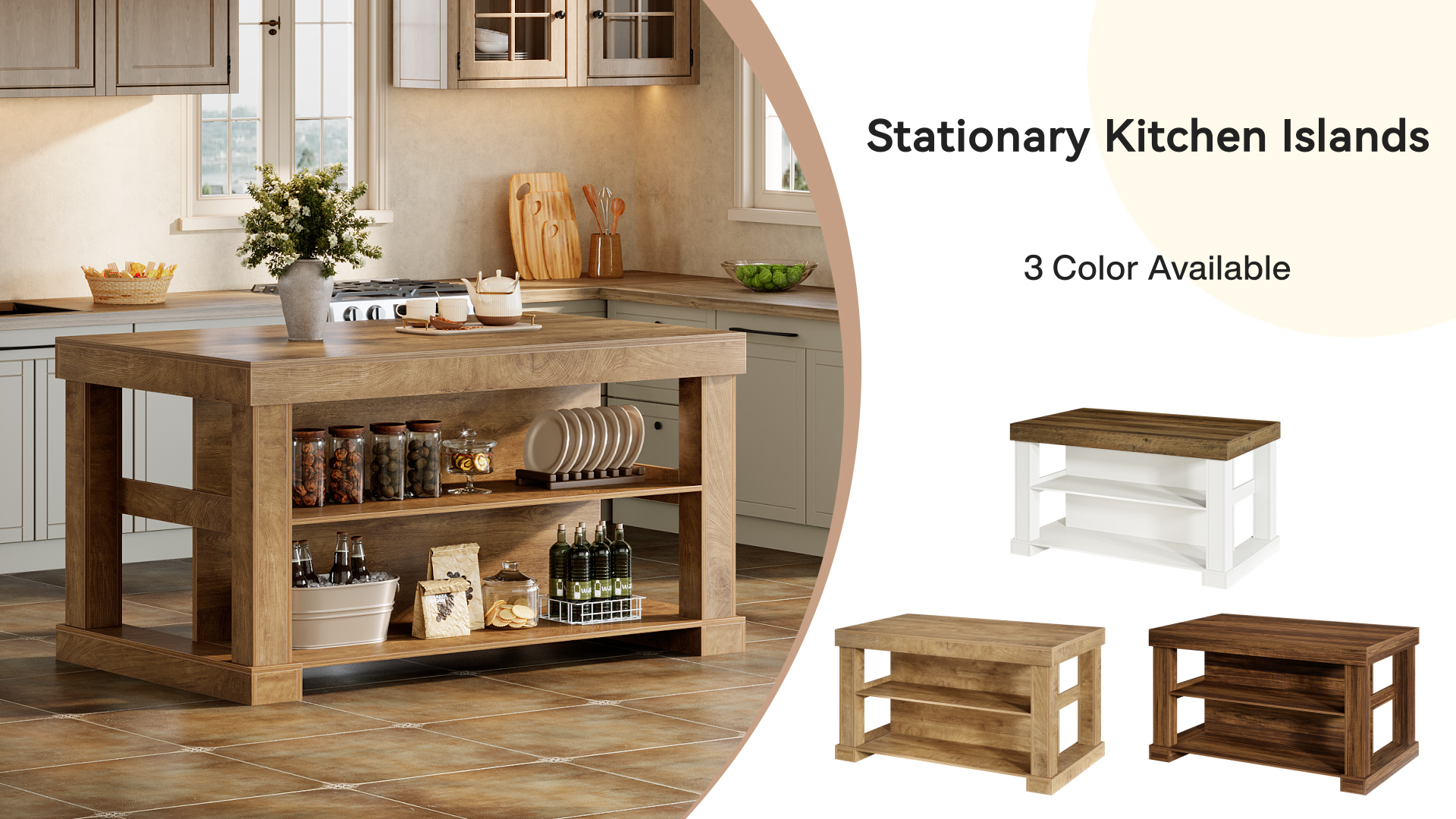thumbnail video image 2 of Finmind 55-inch Kitchen Island with 3 Storage Shelves, Large Farmhouse Kitchen Shelf with Spacious Worktop, Brown and White (Easy to Assemble), 2 of 8