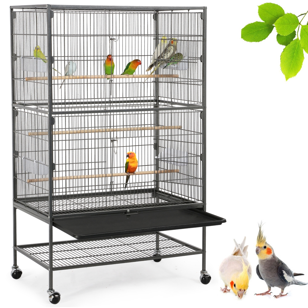 thumbnail video image 2 of Yaheetech 52"H Metal Rolling Bird Cage with 3 Perches & 4 Feeders & Extra Storage Shelf, Black, 2 of 10