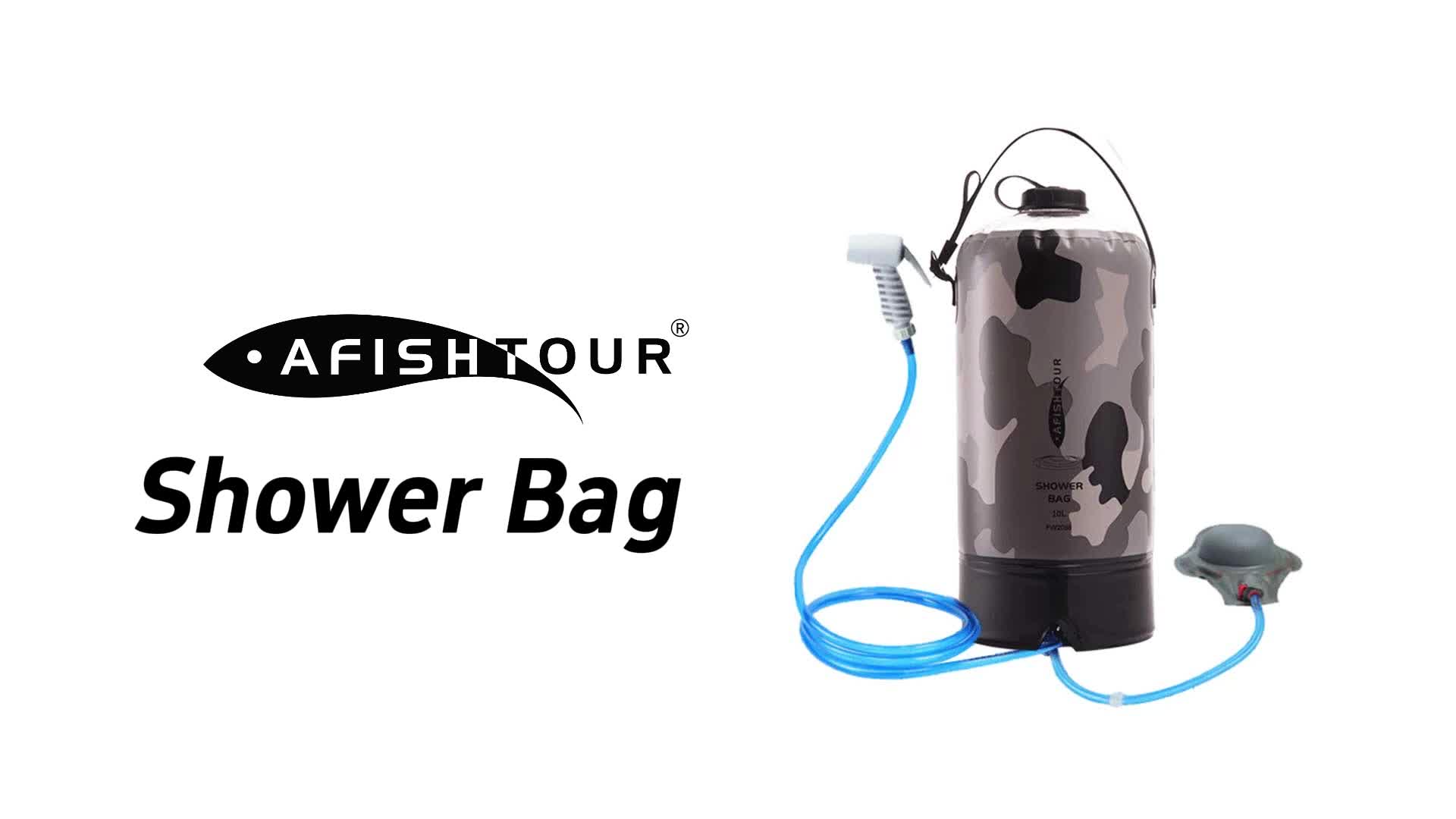 thumbnail video image 2 of AFISHTOUR Portable Camping Shower, 2.2 Gallons/10L Solar Shower Bag with Foot Pump for Camping, Beach (Grey), 2 of 10