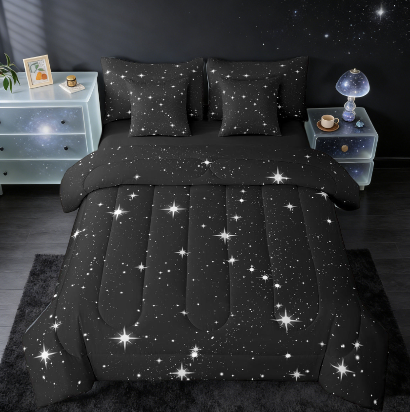 thumbnail video image 2 of jejeloiu Galaxy Starry Sky Twin Bedding Sets 7-Piece,Shining Stars Bedding Comforter Set,White Black Sheet Sets For Children,Microfiber Bedroom Decor Reversible, 2 of 9