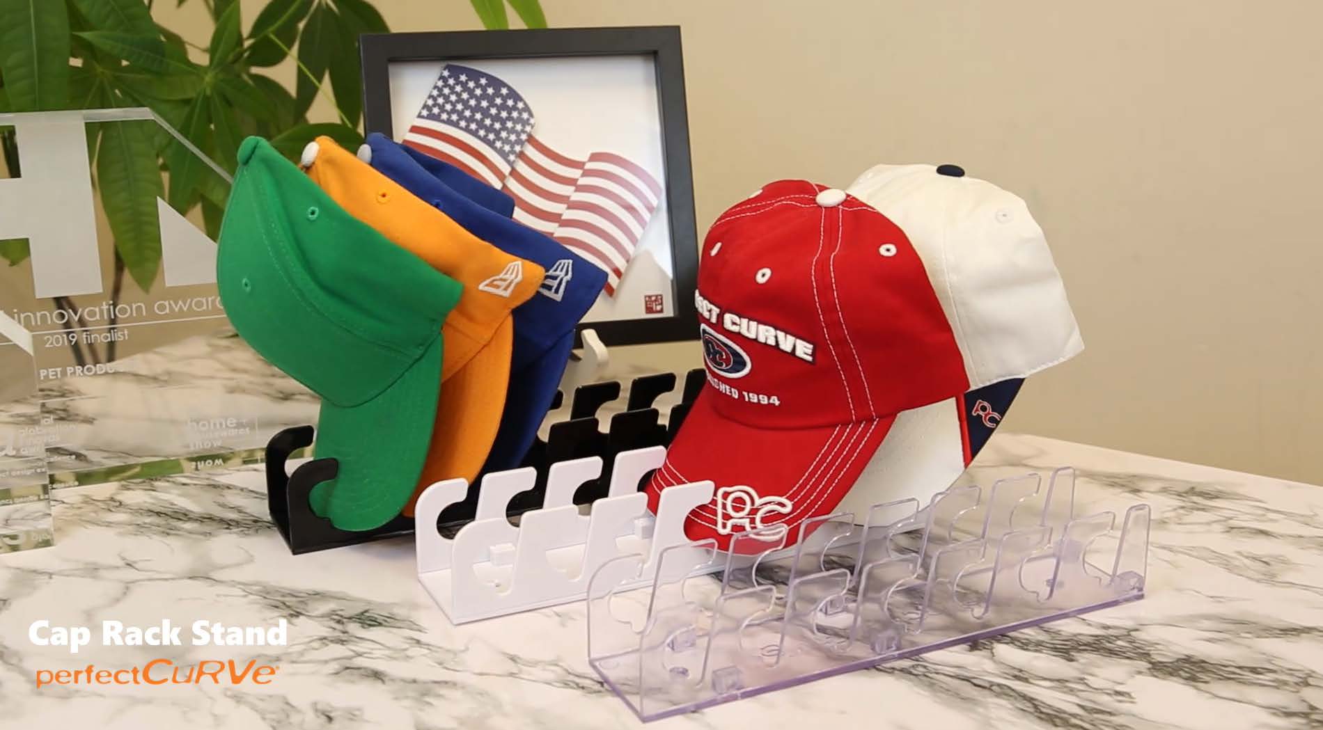 thumbnail video image 2 of Perfect Curve Cap Rack Stand 2-Pack - Clear, Wall & Tabletop Hat Organizer, Easy Assembly, Scratch-Resistant, 2 of 10