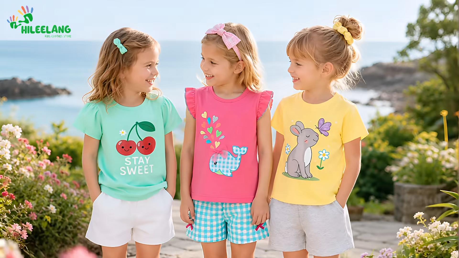 thumbnail video image 2 of HILEELANG Toddler Girls 100% Cotton Hello Spring Bunny Short Set, Sizes 5T, 2 of 7