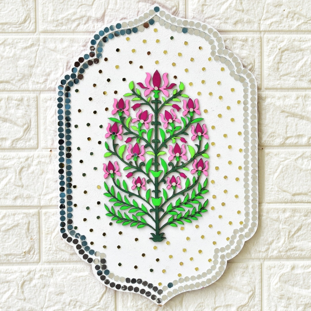 thumbnail video image 2 of Handcrafted Floral Wall Art, Mirror Embellished Wooden Plaque, Traditional Indian Home Decor, 2 of 10