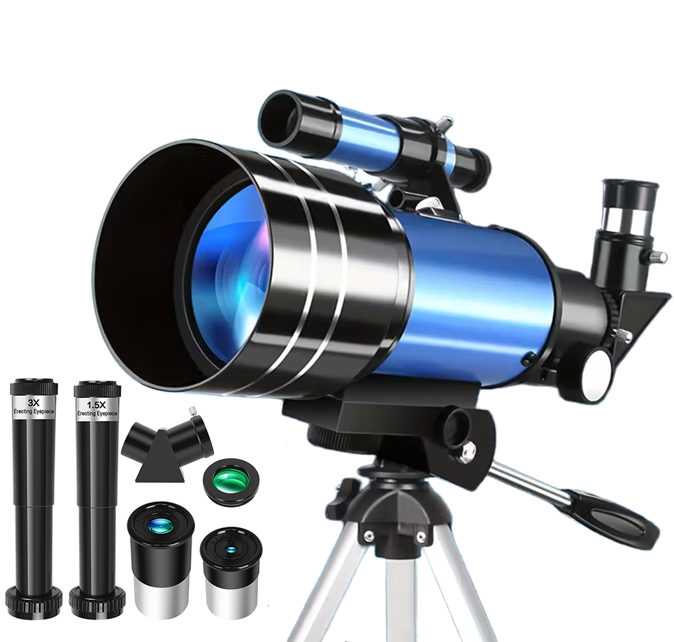 thumbnail video image 2 of 70mm Refractor Telescope for Kids and Beginners, 300mm Focal Length with Eyepieces, Barlow Lenses, Short Tripod and DIY Stickers, 2 of 10