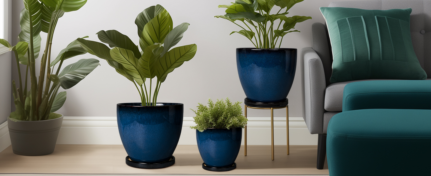 thumbnail video image 2 of EPFamily 8 inch Blue Plant Pots with Saucer & Drainage, Modern Ceramic Flower Pot for Indoor ZZ plant, Peace Lily,Patio Decor, 2 of 7