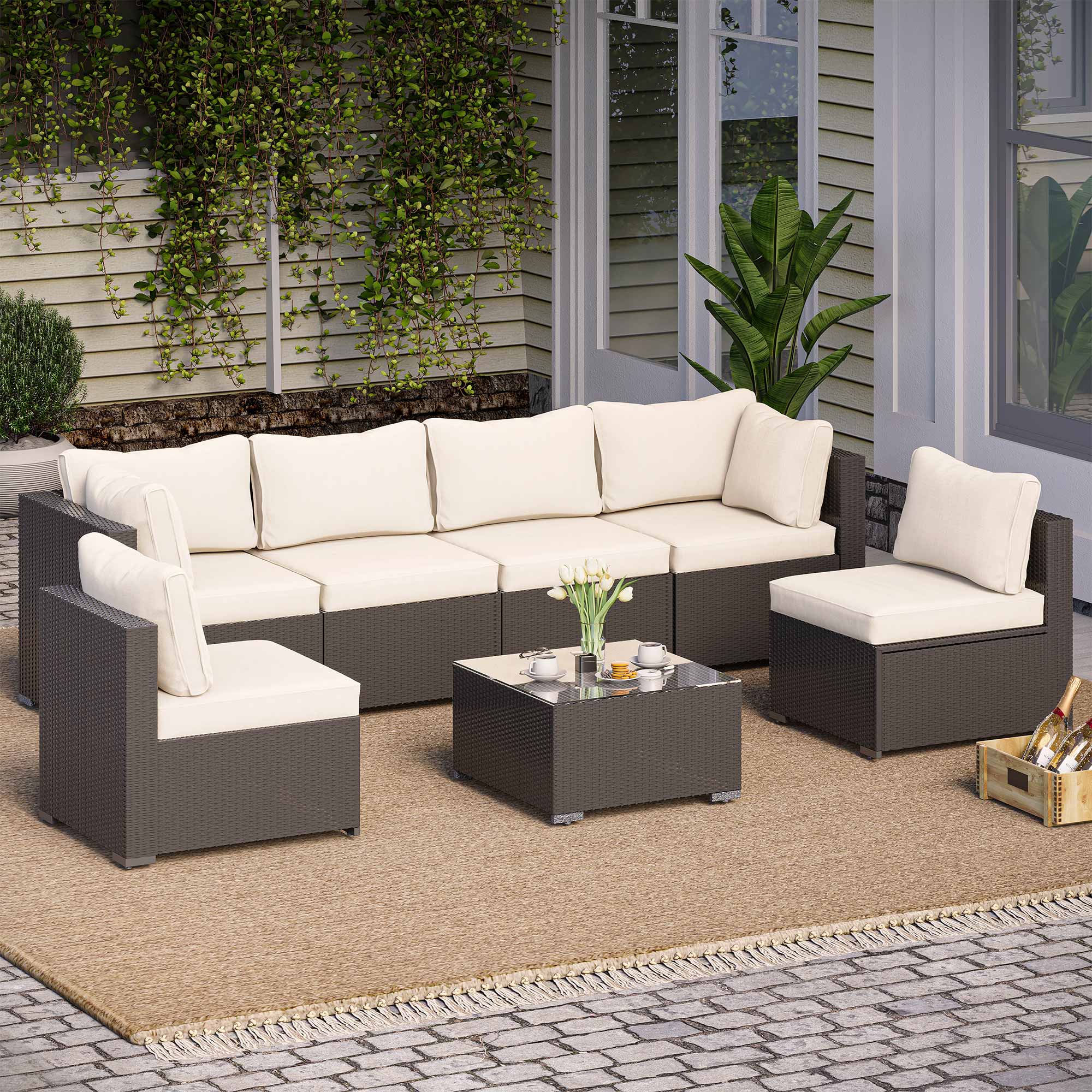 thumbnail video image 2 of LAUSAINT HOME 7 Pieces Outdoor Furniture Set, Patio Sectional Conversation Set with 6 Chairs and 1 Coffee Table, Beige Cushions, 2 of 11