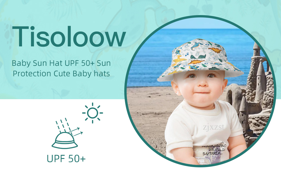 thumbnail video image 2 of Tisoloow Baby Sun Hat UPF 50+ Sun Protection Cute Baby hats Wide Brim Summer Beach hat Toddler Sun Hats for Boys Girls Dinosaur 0-6 Months, 2 of 7