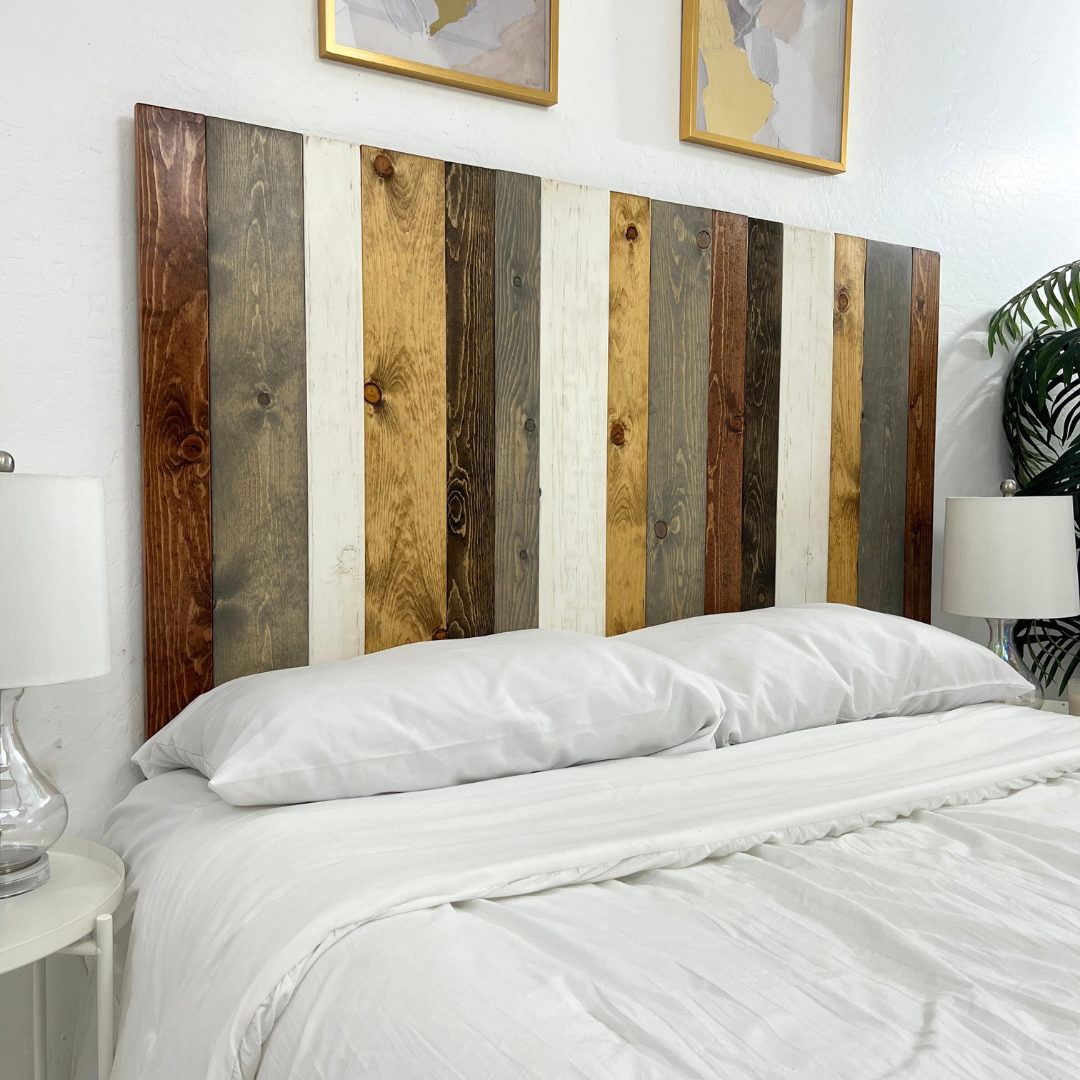 thumbnail video image 2 of Queen Headboard, Rustic Design, Individual Solid Natural Wood Floating Panels, Adjustable Height, Wall Mounted, Compatible with any Bed Frame and Adjustable Beds, White Gray and Brown Wood Colors, 2 of 11
