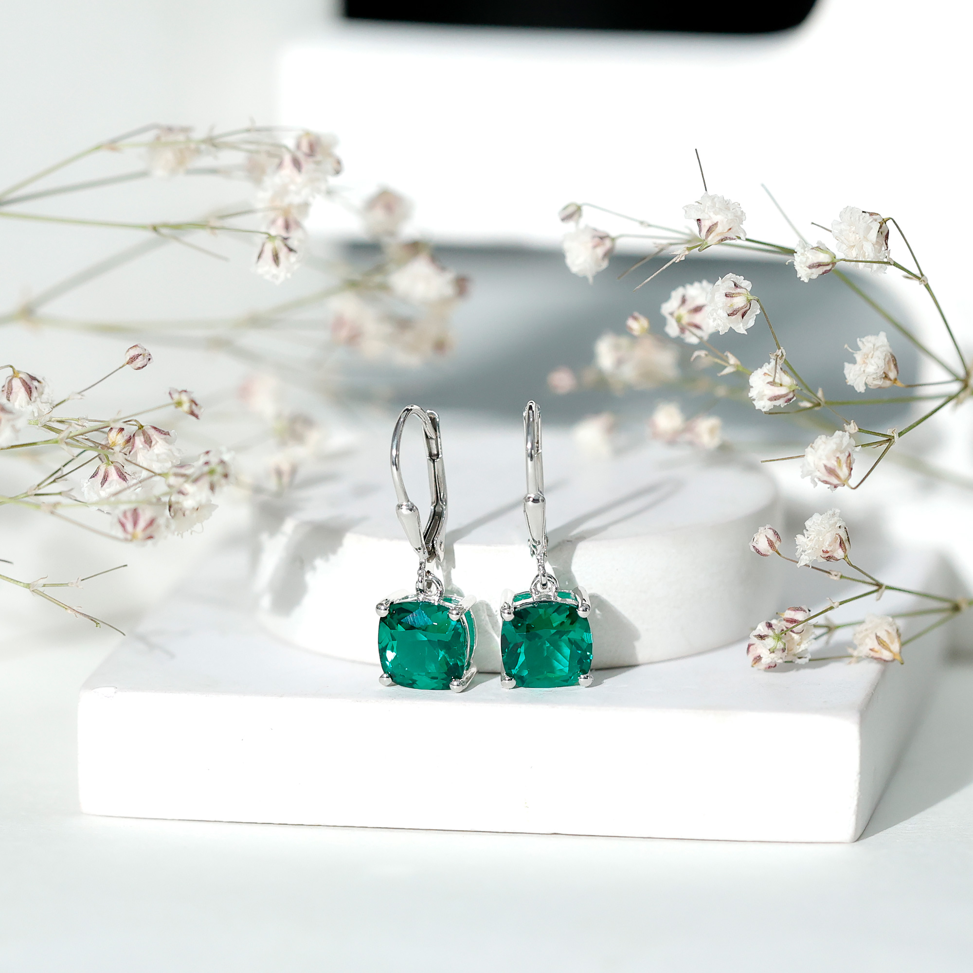 thumbnail video image 2 of Rosec Jewels Lab Created Emerald Drop Earrings 4 Carat - 8 mm Cushion Cut Earrings - Lever Back Closure, 10K White Gold, 2 of 9