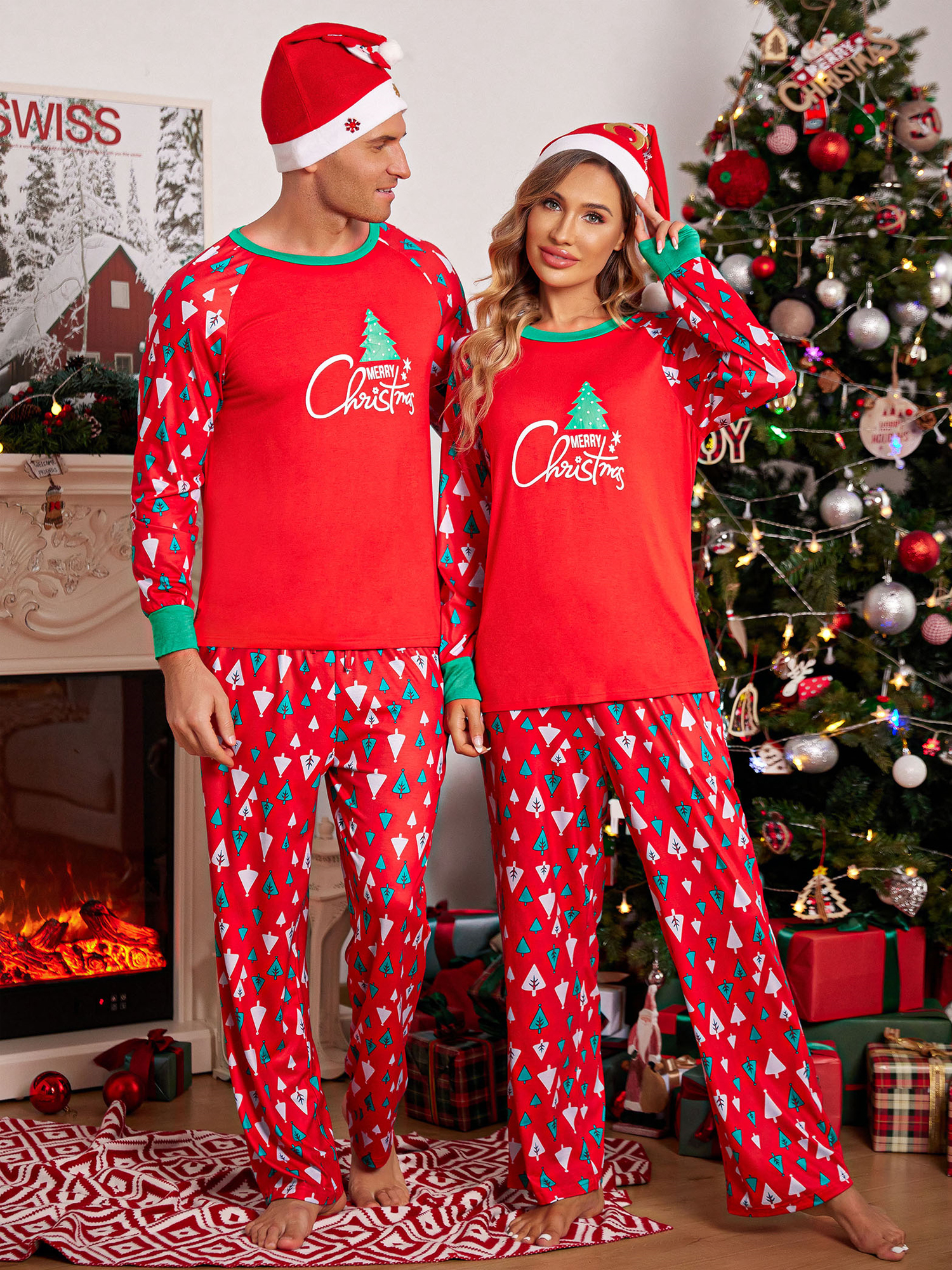 thumbnail video image 2 of Avidlove Couple Christmas Pajamas Set long Sleeve Family Matching Pajamas Sets Soft Women Xmas Pjs Sleepwear Print Nightwear (Women), 2 of 6