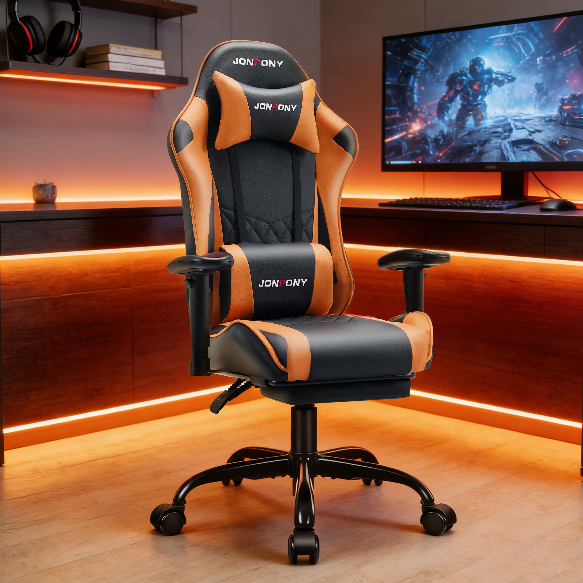 thumbnail video image 2 of JONPONY Big and Tall 500LBS Gaming Chair, Ergonomic Design with 2D Armrests,PU Leather with Footrest and Lumbar Support, High Back Office Chair Support 8 Hours Long Sitting, Computer Chair,Orange, 2 of 8
