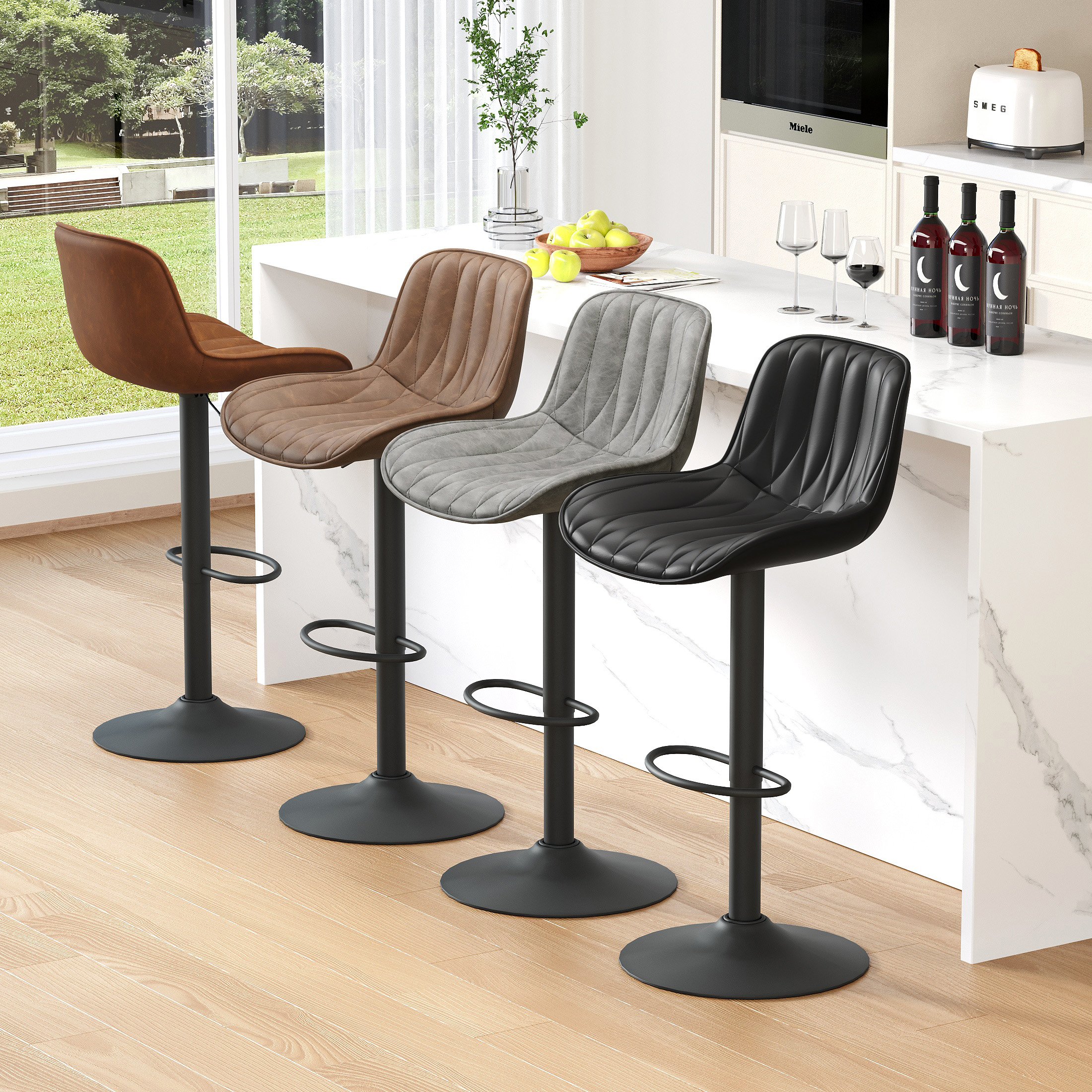 thumbnail video image 2 of FIRAVOE Swivel Bar Stools Set of 3 (Adjustable Height 25"-33") Counter Height Bar Stools with Back, Modern Faux Leather Black Barstools for Kitchen Island, 2 of 9