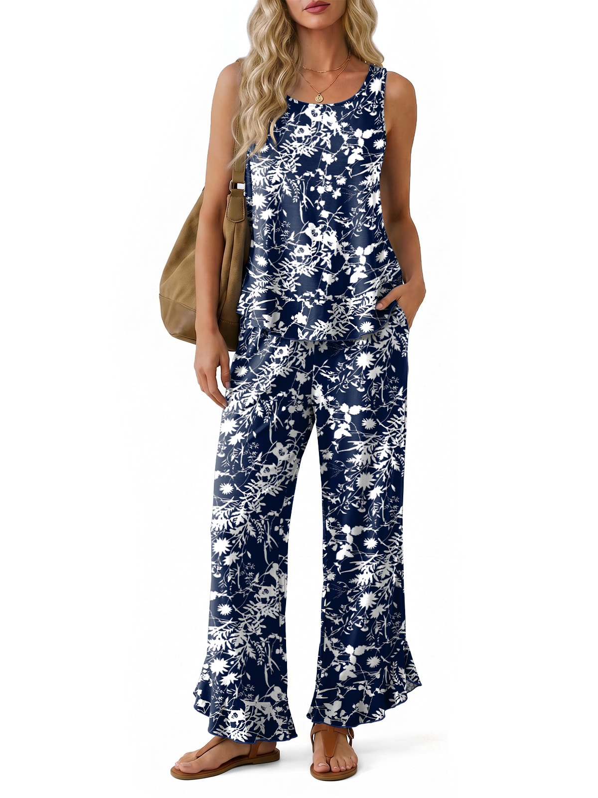thumbnail video image 2 of Anygrew Women's 2 Piece Lounge Sets Sleeveless Ruffle Hem Top and Wide Leg Pants with Pockets Casual Sweatsuit Outfits, 2 of 8