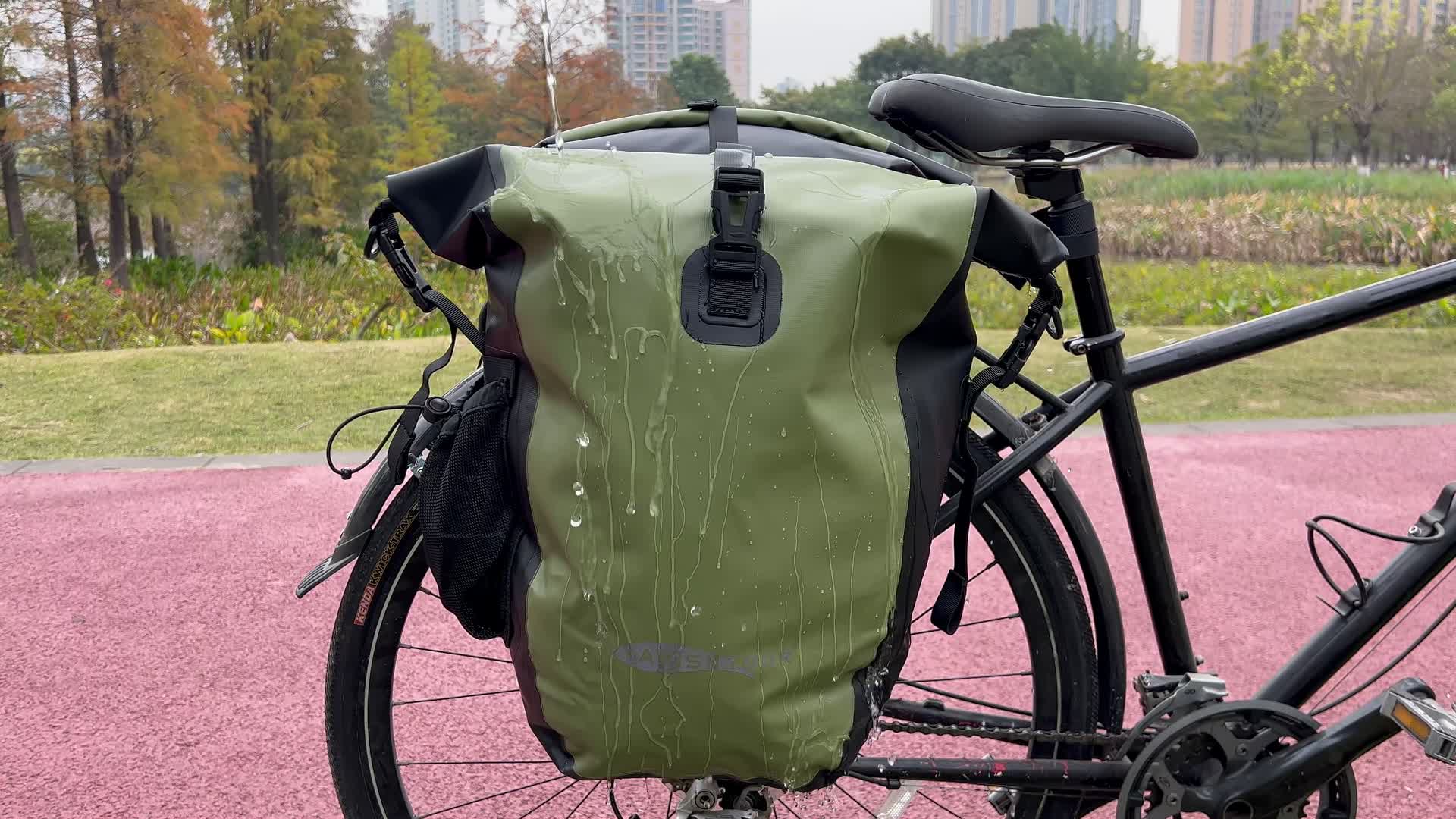 thumbnail video image 2 of AFISHTOUR Waterproof Bike Panniers, 50L Bike Bags for Bicycle Rear Rack, Bicycle Saddle Bags for Grocery (Green, 1 Pair), 2 of 8