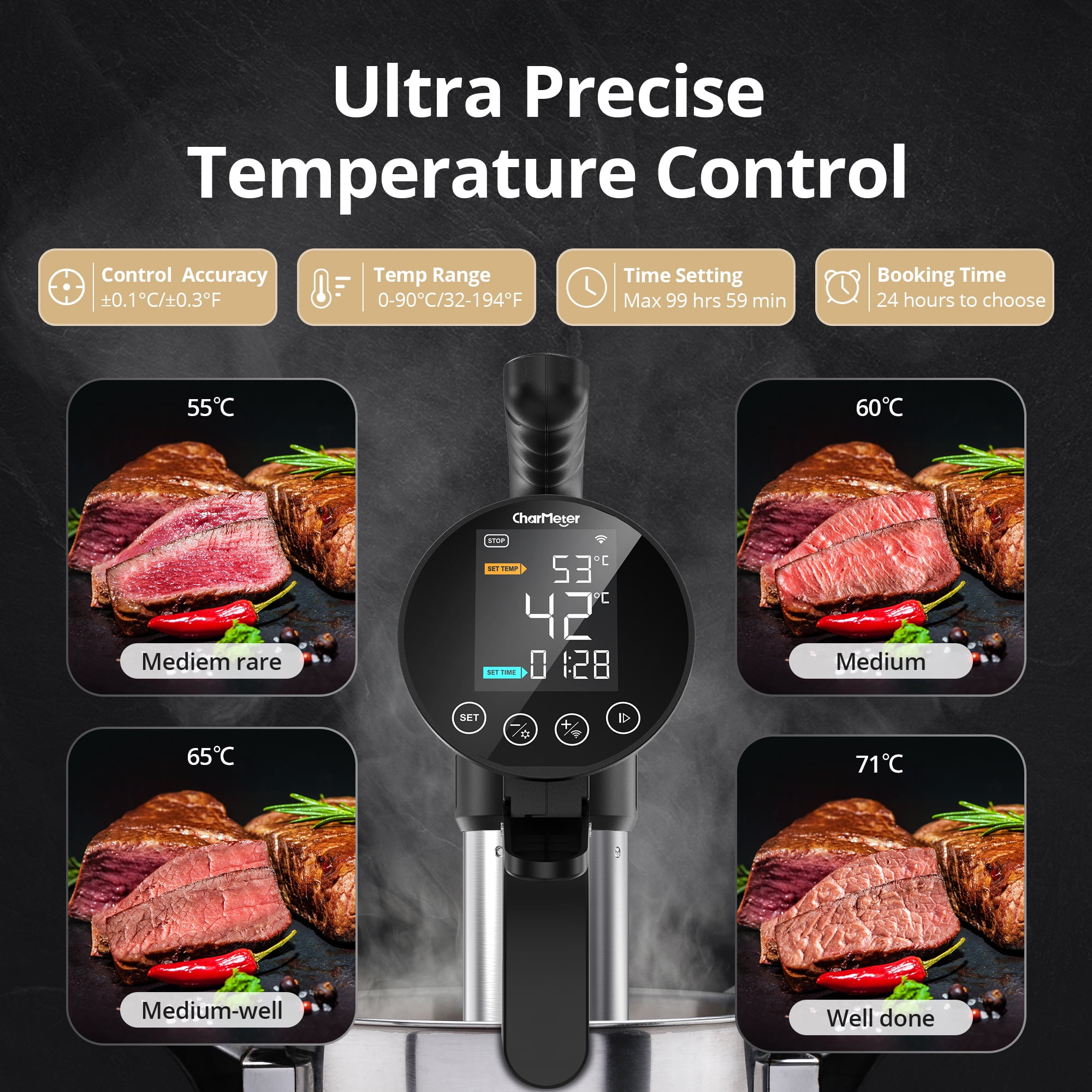 thumbnail video image 2 of CharMeter SSV-102-W 2.4G WiFi Sous Vide Cooker, 1000W Sous Vide Machine with Immersion Circulator, App Recipes, Alarms, Timer and Booking Function, Ultra Accurate Control, 2 of 9