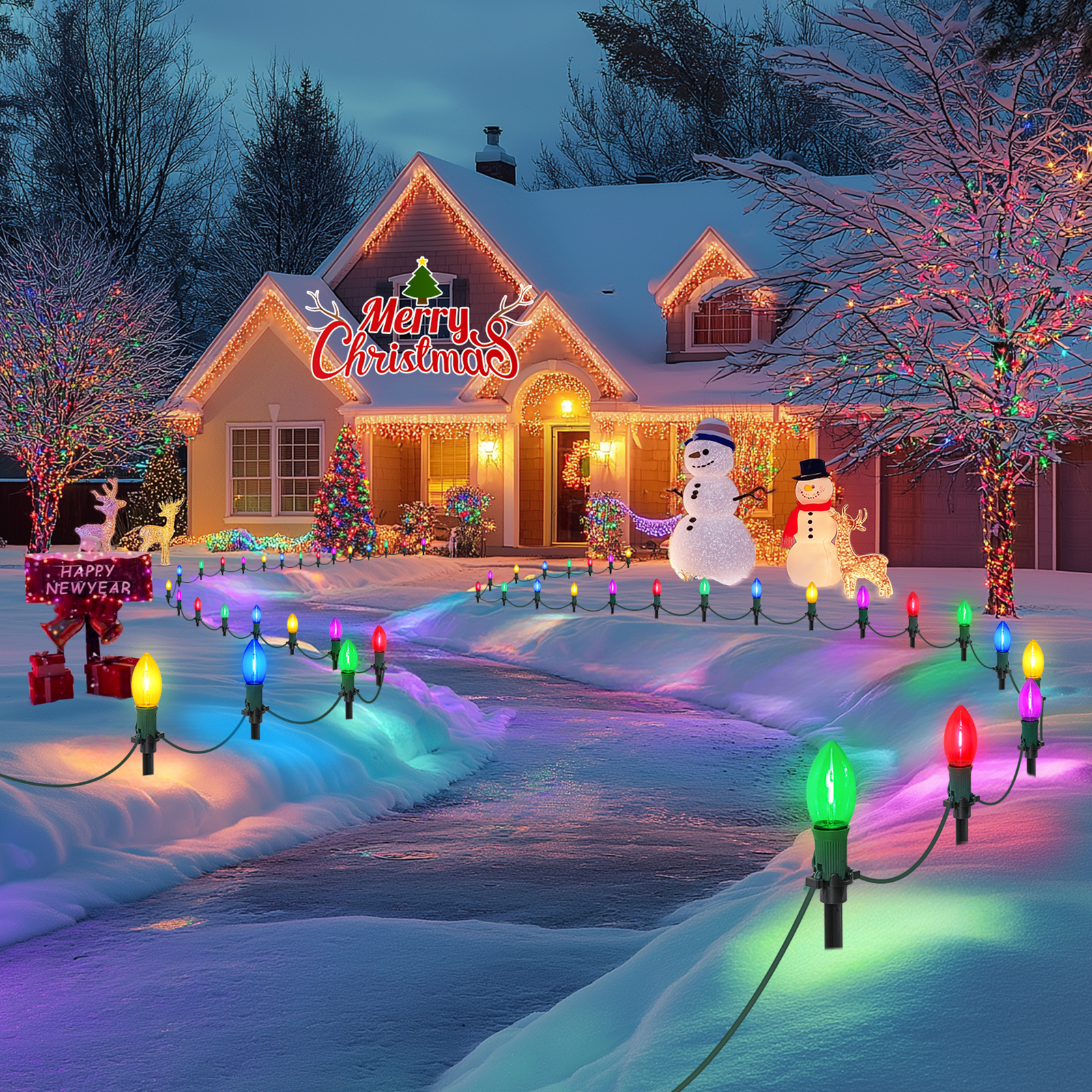 thumbnail video image 2 of 3-in-1 Electric C9 LED Christmas String Lights With Clips, 40-Light 61FT Pathway Lights With 7.5'' Tall Ground Stakes,Walkway Lights For Roof Christmas Tree Yard Sidewalk Decorations, Warm, 2 of 10