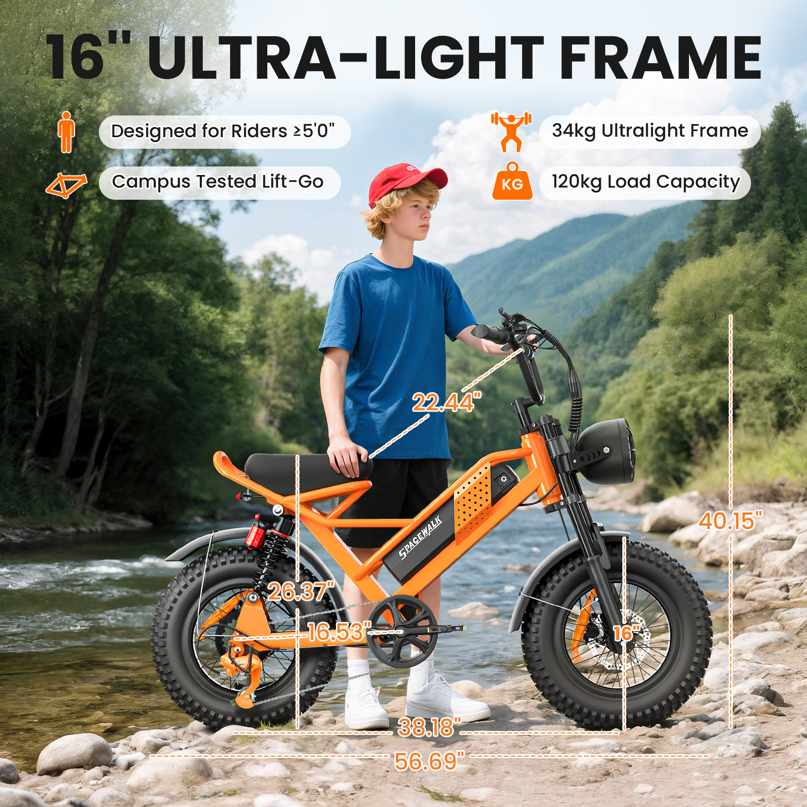 thumbnail video image 2 of Spacewalk 16" Fat Tire Electric Bike – 750W Motor, 21.7MPH, 48V 15Ah Removable Battery – Compact Ebike for Riders 4'10" to 5'5" & Teens – 4 Shock Absorbers, Smooth Ride, 2 of 10