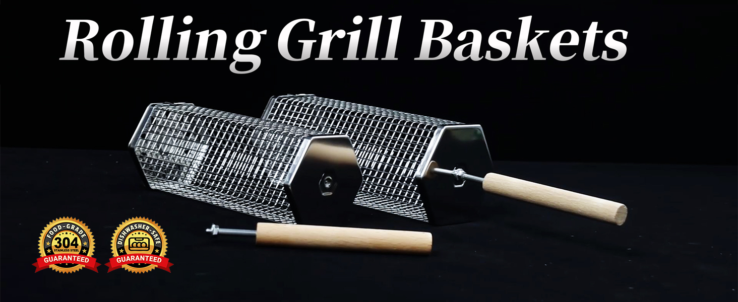 thumbnail video image 2 of Rolling Grill Basket, Removable Wooden Handle, 304 Stainless Steel, Nesting Grilling Tools, Smoker BBQ Accessories for Vegetable, Outdoor Cooking Camping, Birthday Gifts for Men Dad Husband, 2 of 8
