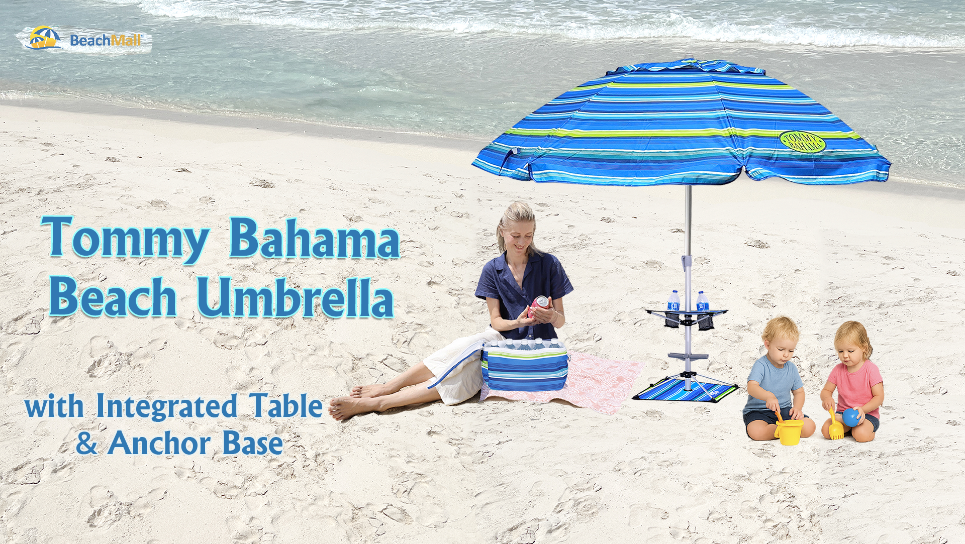 thumbnail video image 2 of 7 ft Fiberglass Tommy Bahama Beach Umbrella for Sand with Folding Anchor Base, Integrated Table, Telescopic Aluminum Pole, UPF 50+, Tilt, 2 of 6
