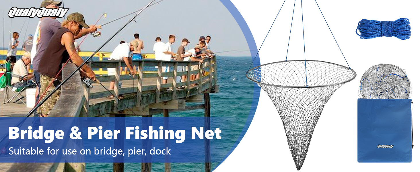 thumbnail video image 2 of ﻿ QualyQualy Bridge and Pier Fishing Net Large 32''/39'' Hoop, Foldable Drop Net for Pier Fishing with Rope, Landing Net Soft Steel Hoop and Nylon Mesh, 2 of 8