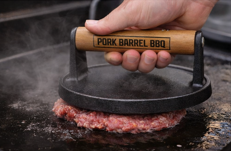 thumbnail video image 2 of Pork Barrel BBQ Round Cast Iron Smash Burger Press - Heavy Duty Burger Smasher & Bacon Press with Wood Handle for Blackstone Griddle Accessories, 2 of 5