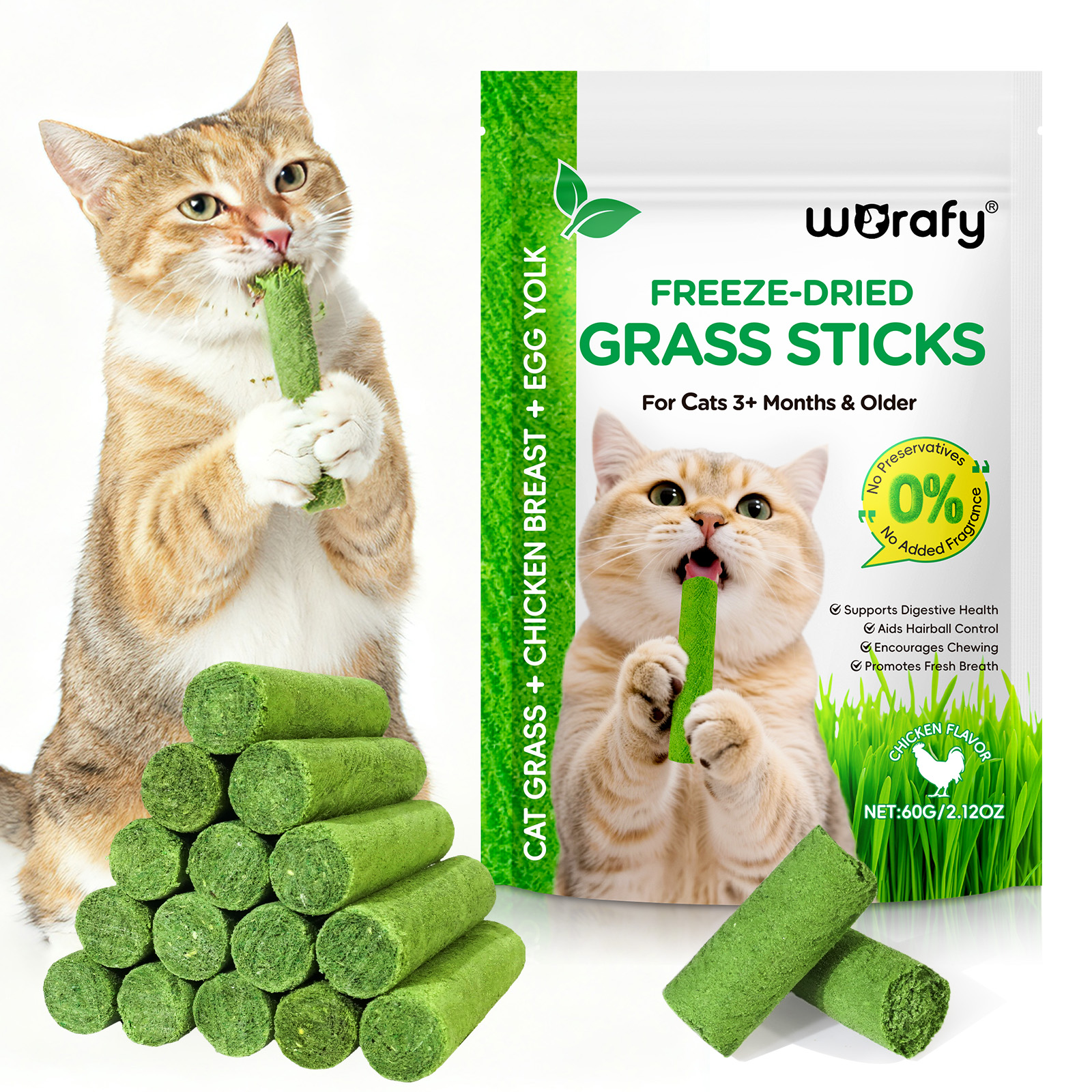 thumbnail video image 2 of Cat Grass Sticks for Teeth Cleaning & Hairball Removal, Edible Cat Treats, Chicken Flavor 1.12 OZ, 2 of 11