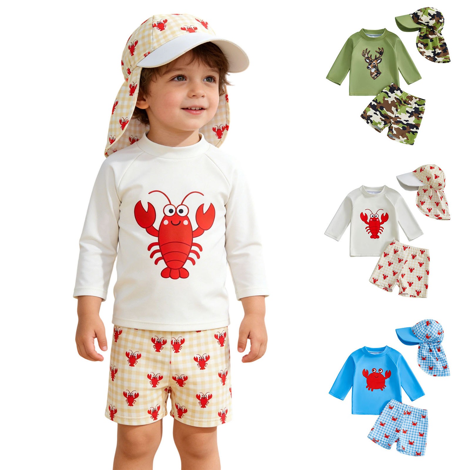 thumbnail video image 2 of SGMVNU Boys 3 Piece Rash Guard Swimsuits with Hat Boys Swimsuit Size 7 Long Sleeve Swimwear Shorts Cartoon Bathing Suit Beach Set,Size 2-3 Years,a-White, 2 of 6
