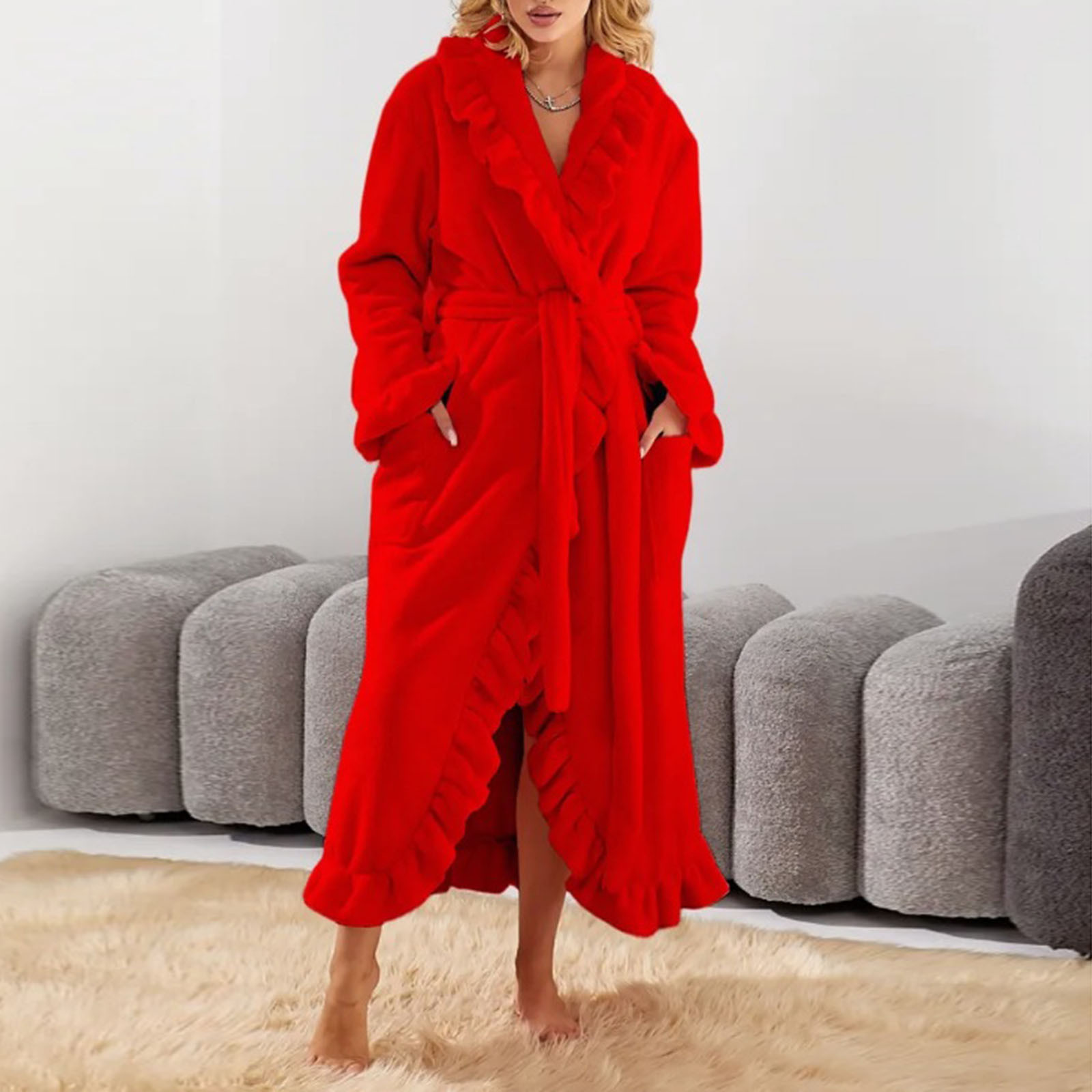 thumbnail video image 2 of Womens Long Fleece Robe, Flannel Fuzzy Ruffle Long Bathrobes Winter Warm Tie Cardigan Loungewear with Pockets S, 2 of 9