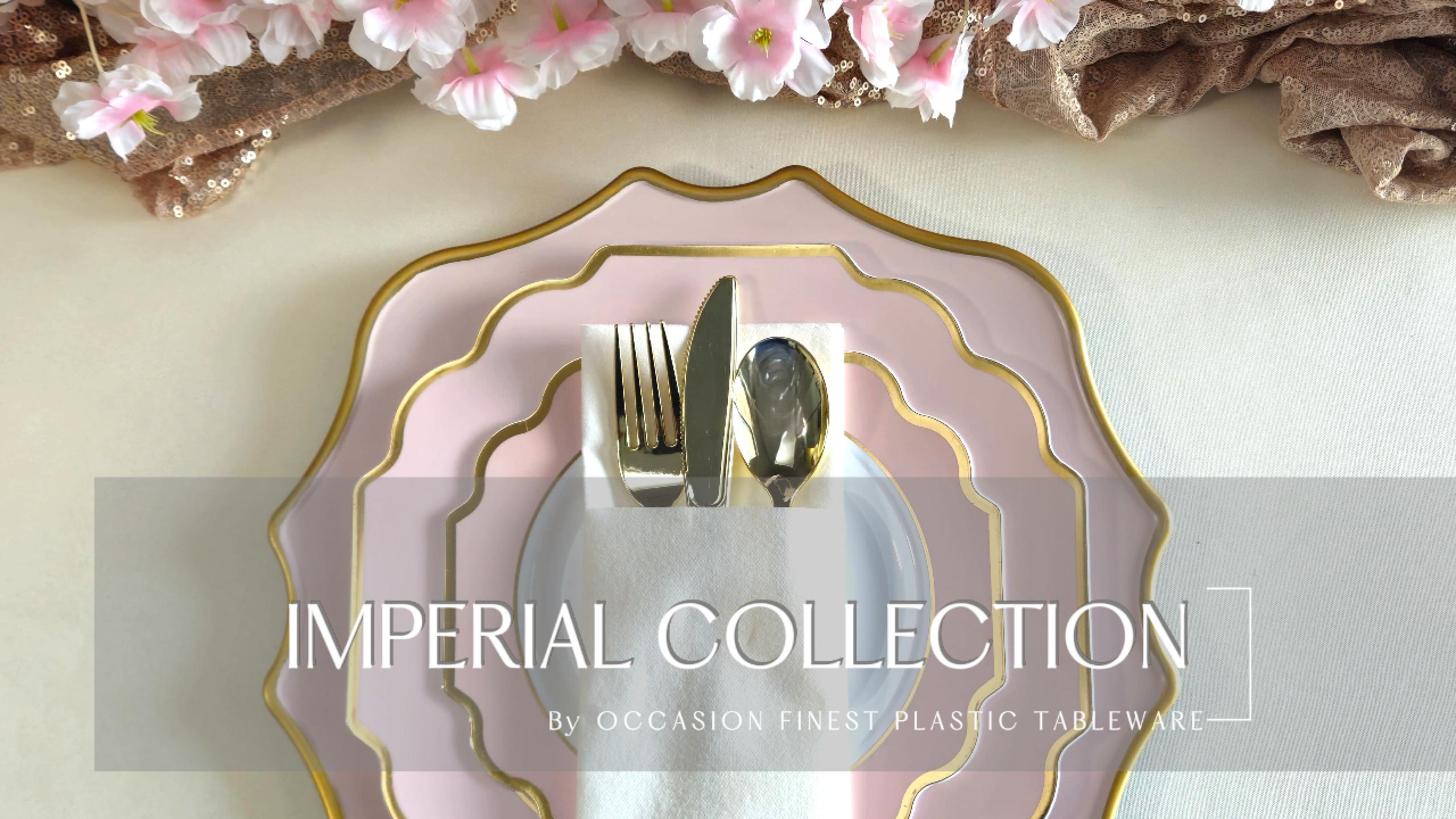 thumbnail video image 2 of OCCASIONS 360 Pcs set (60 guest) Wedding Disposable Plastic Plate and Silverware Combo 10.5" + 8" + Silverware (Double Fork) (Imperial in Blush/Pink & Gold Rim, Gold Silverware), 2 of 9