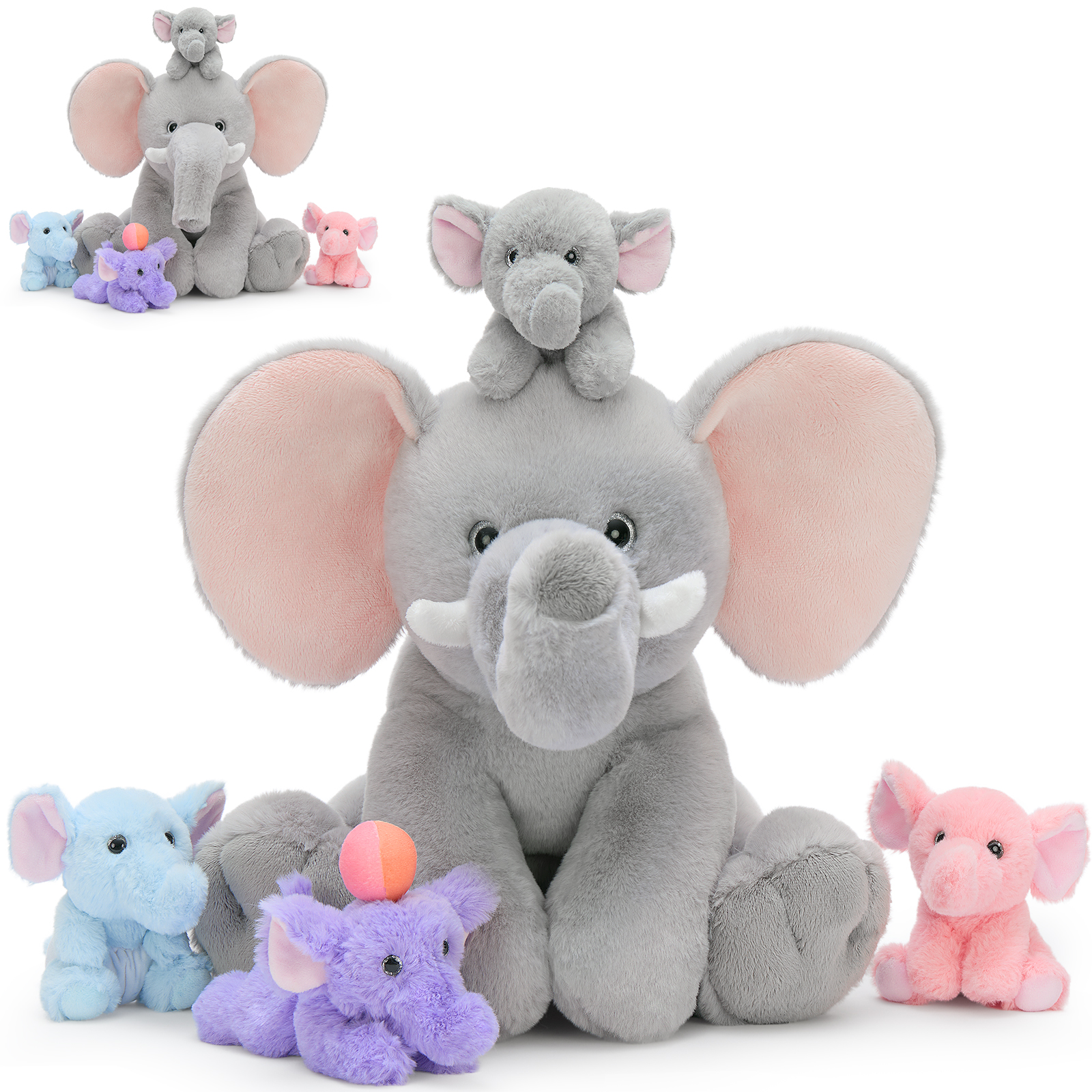 thumbnail video image 2 of MaoGoLan 5pcs Elephant Stuffed Animals 15.7'' Mommy Elephant Plush Have Rotatable Trunks with 4 Baby Elephants Inside, 2 of 7