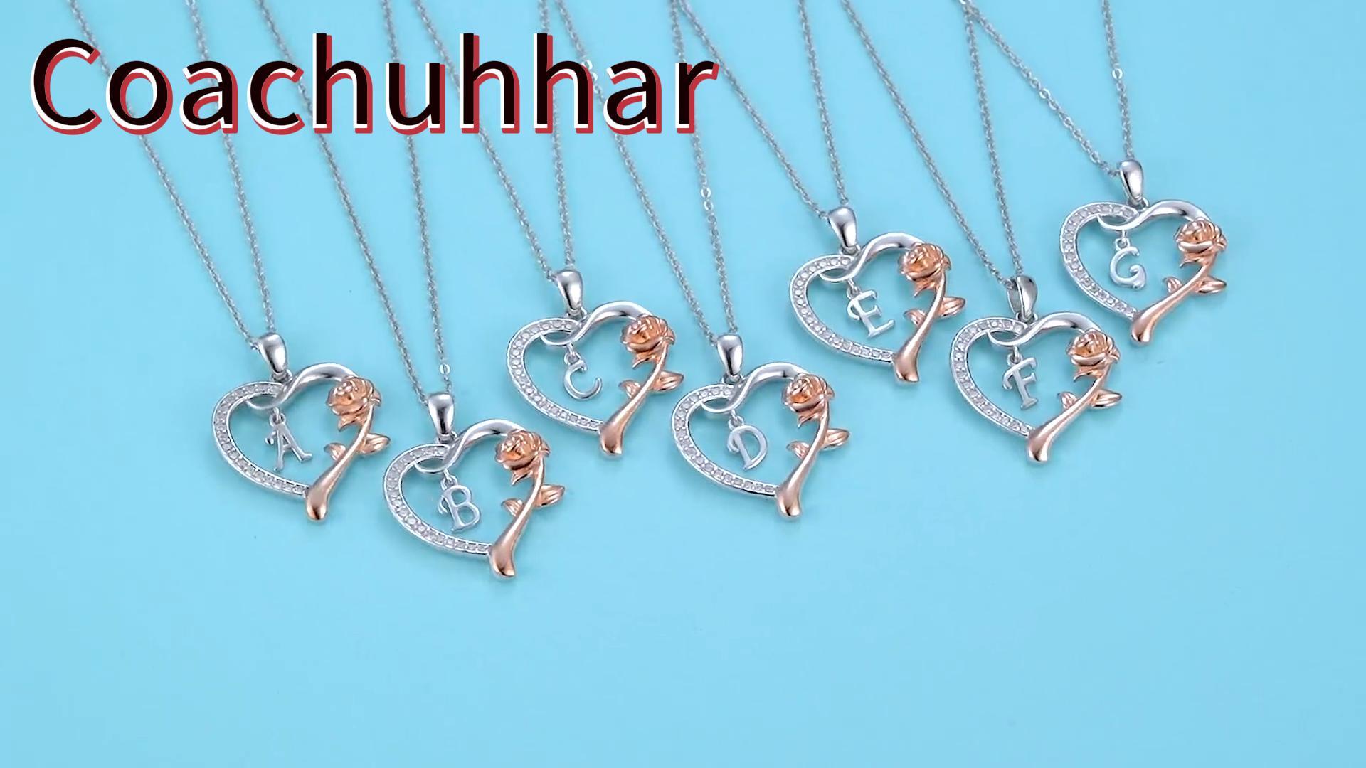 thumbnail video image 2 of Coachuhhar Initial Letter Necklace 925 Sterling Silver Love Heart Letters with Rose Flower Pendant Necklace Jewelry Gifts for Women, 2 of 6
