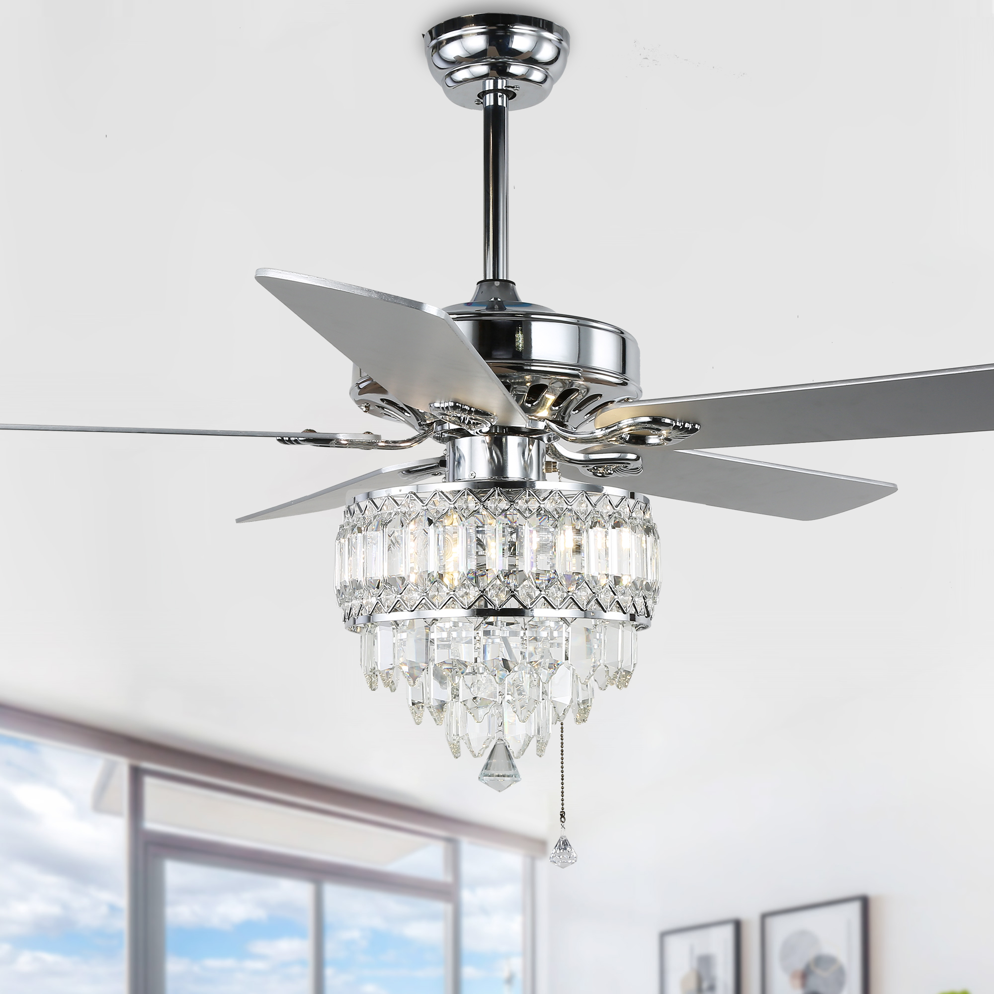 thumbnail video image 2 of 52 Inch Chrome Modern Crystal Ceiling Fan with Remote Control and Light Kit, 3-Speed Reversible  Ceiling Fan Bella Depot, 2 of 10