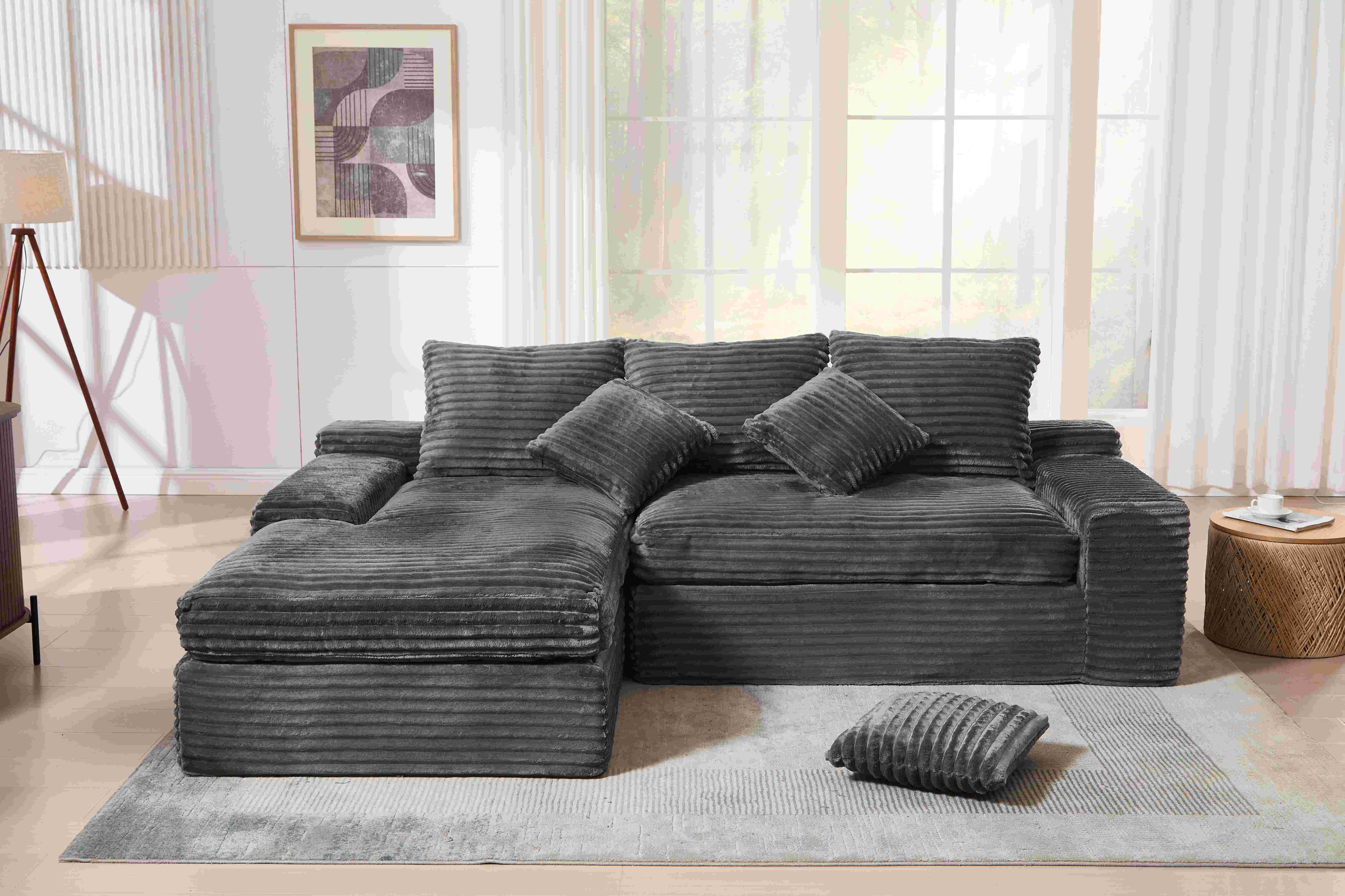 thumbnail video image 2 of JONPONY 78.7" Chaise Lounge Chair Indoor, Oversized Corduroy Upholstered Boneless Sofa Bed, Deep Seat Sleeper Couch Reading Chairs, Cloud Couch for Living Room, No Assembly Required,Beige, 2 of 8