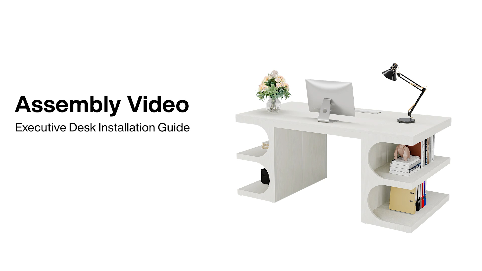 thumbnail video image 2 of Finmind 63" Modern Executive Office Desk with Storage Shelves, Home Computer Desk, White, 2 of 10