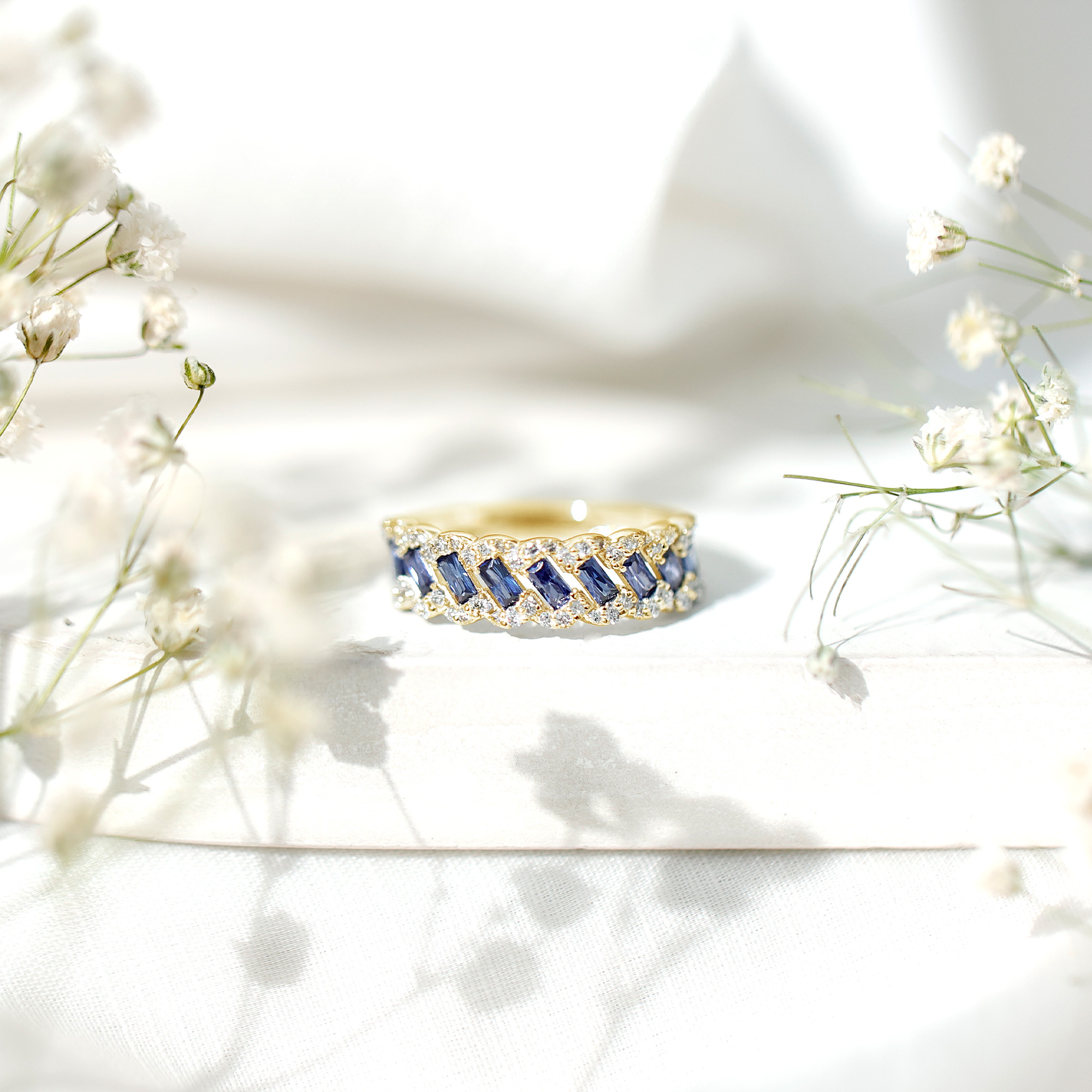 thumbnail video image 2 of Rosec Jewels Certified Lab Grown Blue Sapphire Half Eternity Band for Women - AAAA Quality - Blue Sapphire Diamond Band, 10K Yellow Gold, US 6.50, 2 of 9