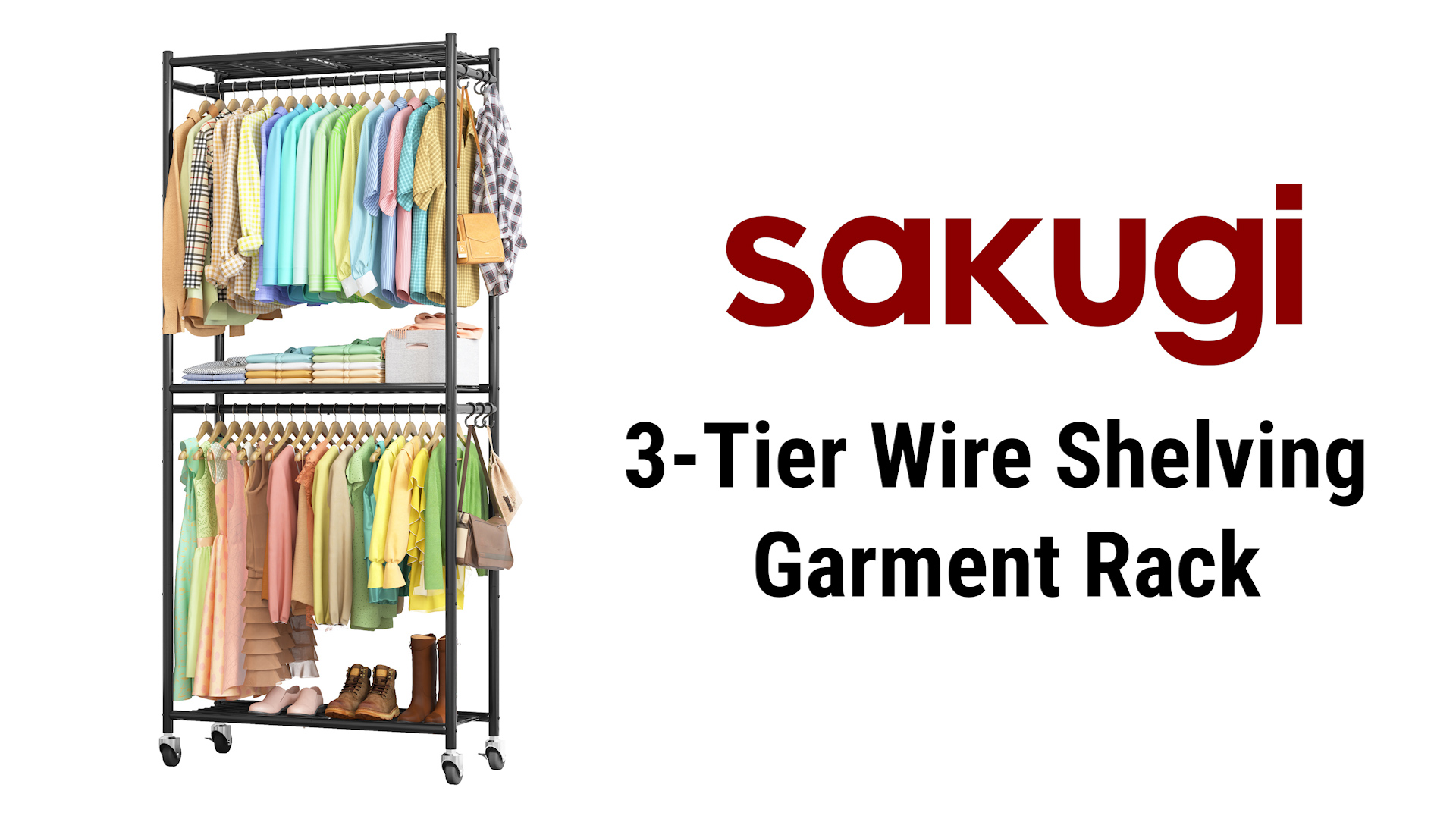 thumbnail video image 2 of Sakugi Clothes Rack, Heavy-Duty Garment Rack with Shelves & Wheels, Freestanding Wardrobe Organizer with Hooks, Ideal for Bedroom, Laundry, or Balcony, 32.5" x 11.9" x 78.9", Black, 2 of 10