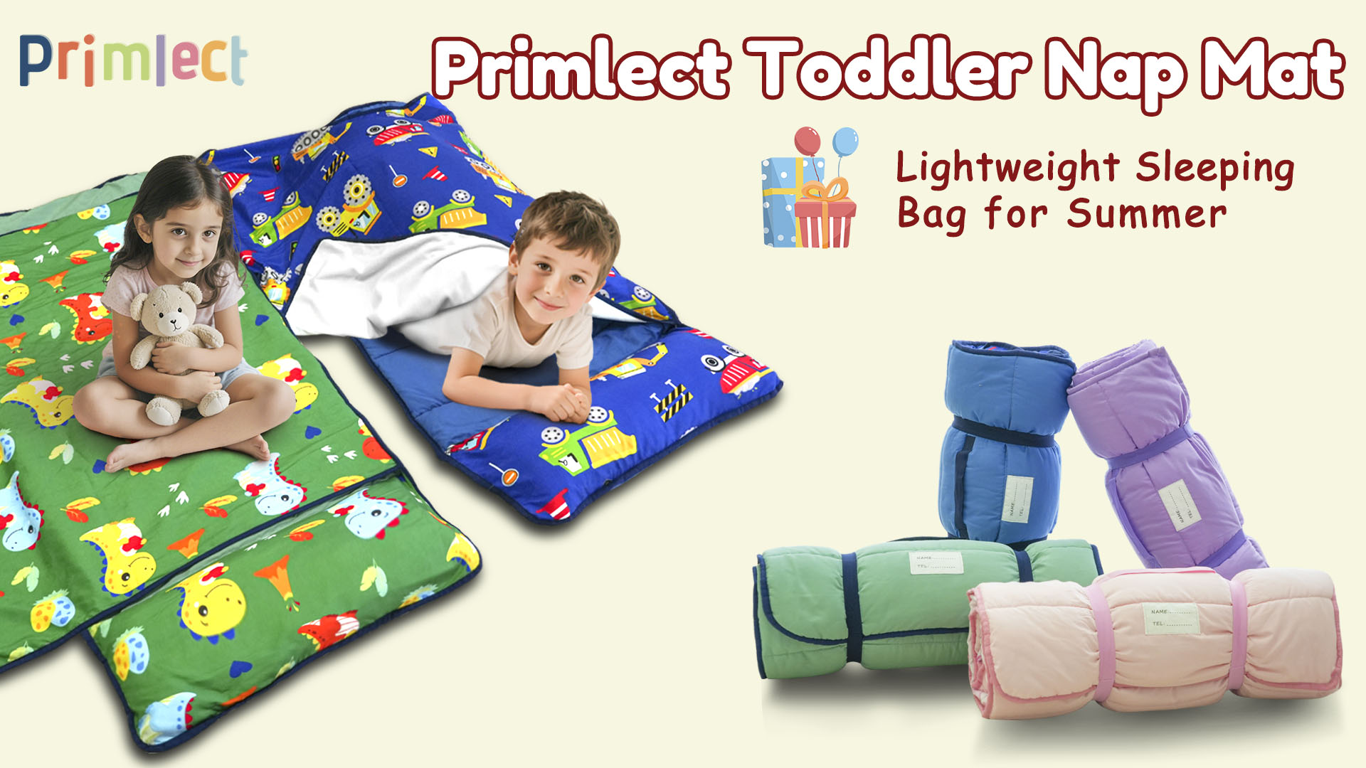 thumbnail video image 2 of Primlect Toddler Nap Mat, 51" x 22", Lightweight Sleeping Bag with Removable Pillow, for Warm Sleepers, Blue, 2 of 8