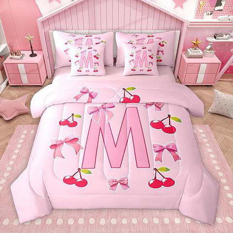 thumbnail video image 2 of Homewish Letter H Monogrammed 7-Piece Bedding Comforter Set,Cute Cartoon Bowtie King Bedding Sets,Red Sweet Cherry Bed Sheets For Girls Kids,Microfiber Room Decorative Reversible, 2 of 9