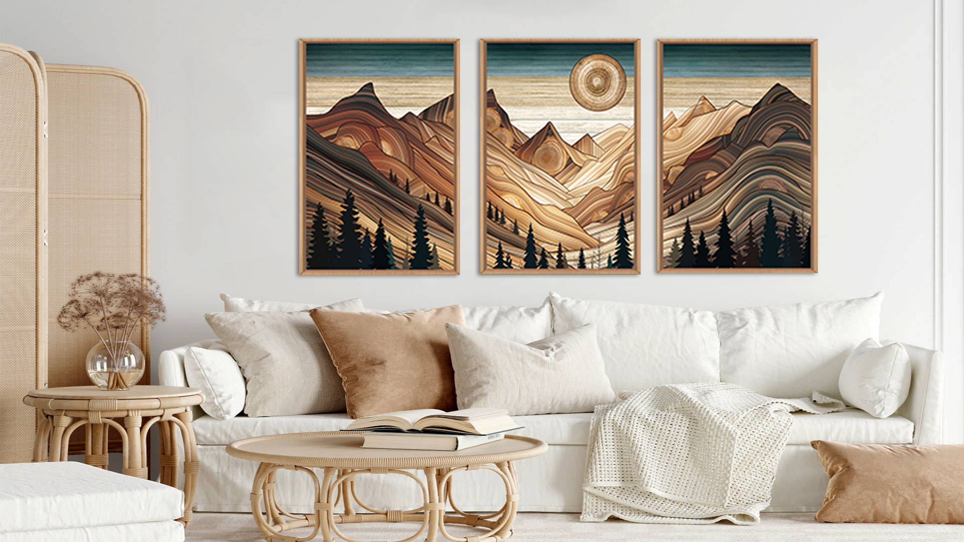 thumbnail video image 2 of HPNIUB Large Mountain Framed Canvas Wall Art Tree Ring Rustic Desert Painting Brown Abstract Landscape Decor Set of 3 for Living Room Bedroom Office 24x36 Inch, 2 of 9