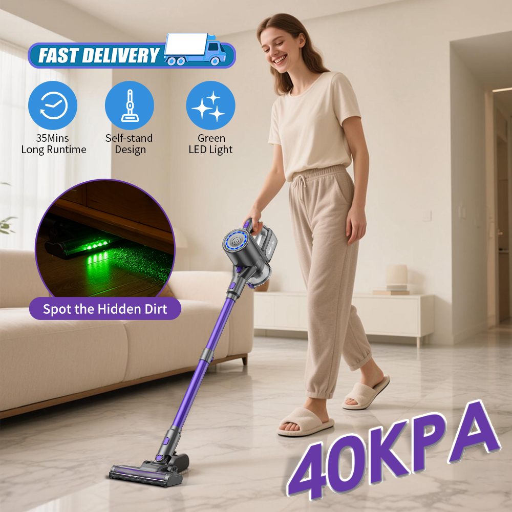 thumbnail video image 2 of Cordless Vacuum Cleaner, 40KPA/35Mins, Green LED Light, Lightweight Stick Vacuum Self-Standing, Vacuum Cleaners for Home Handheld Vacuum for Pet Hair, Carpet, and Hard Floors, 2 of 10