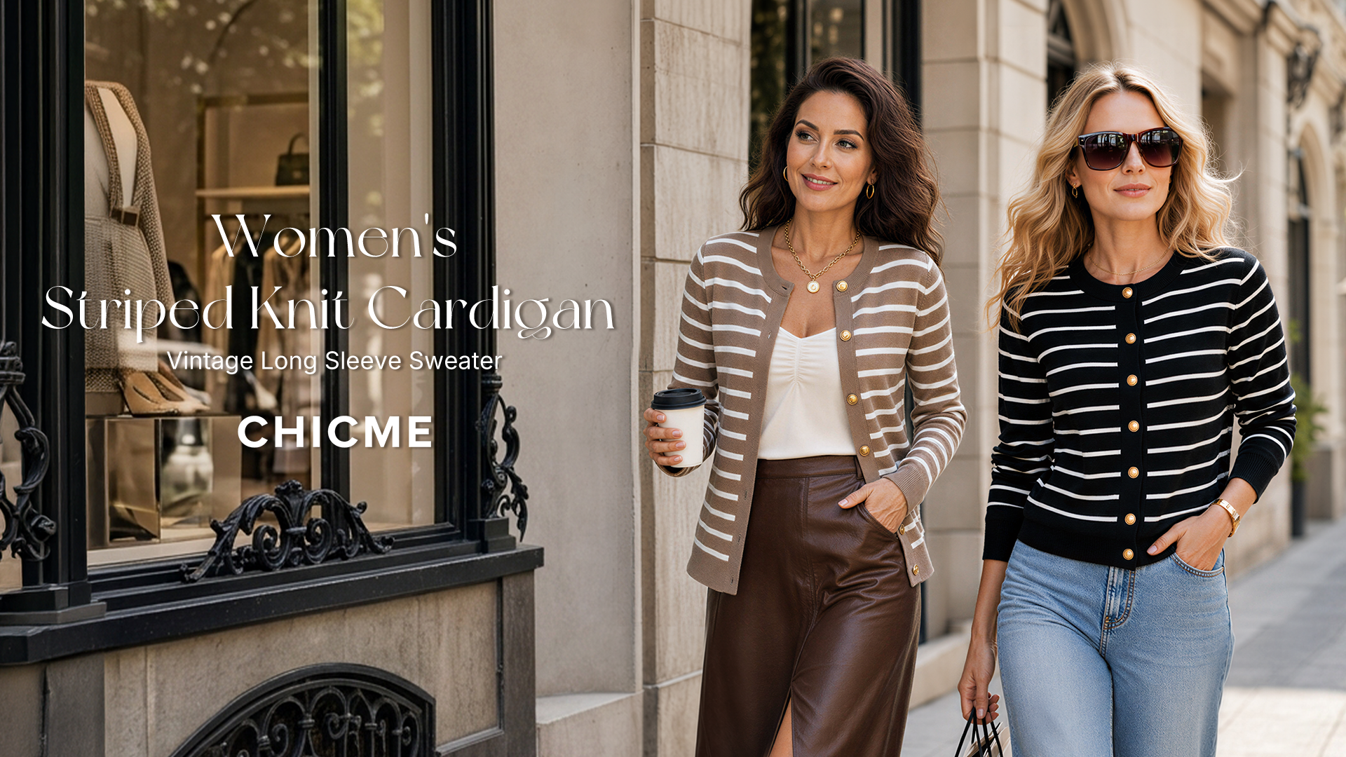 thumbnail video image 2 of CHICME Striped Cardigan Sweaters for Women Crew Neck Long Sleeve Button Down Lightweight Fall Knit Sweater Khaki-XL, 2 of 9