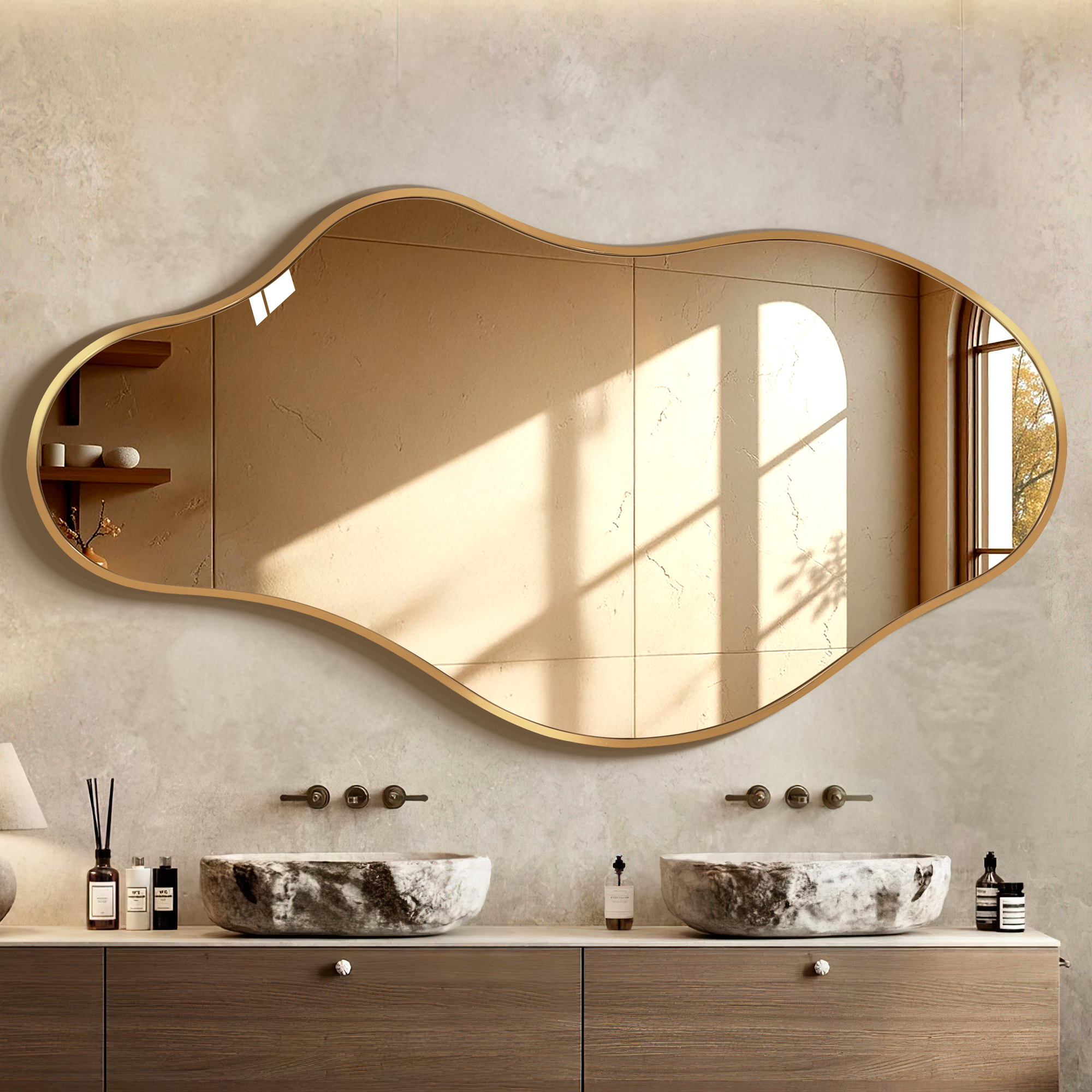thumbnail video image 2 of TEWLOSS Irregular Wall Mirror 43"x 24" Black Bathroom Mirrors Metal Frame, Drop Shape, 2 of 9