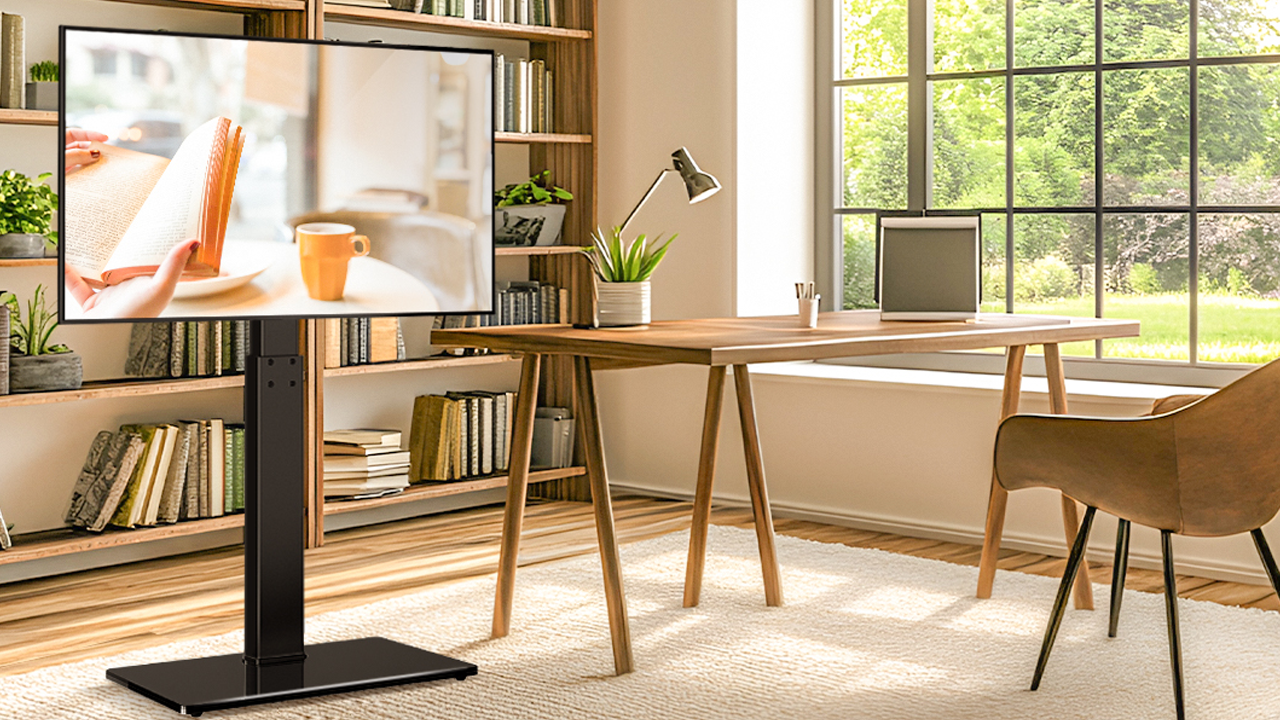 thumbnail video image 2 of RTVR Modern Swivel Floor TV Stand for LCD LED TVs up to 75 inch Compatible with VESA Mount, Black, 2 of 11