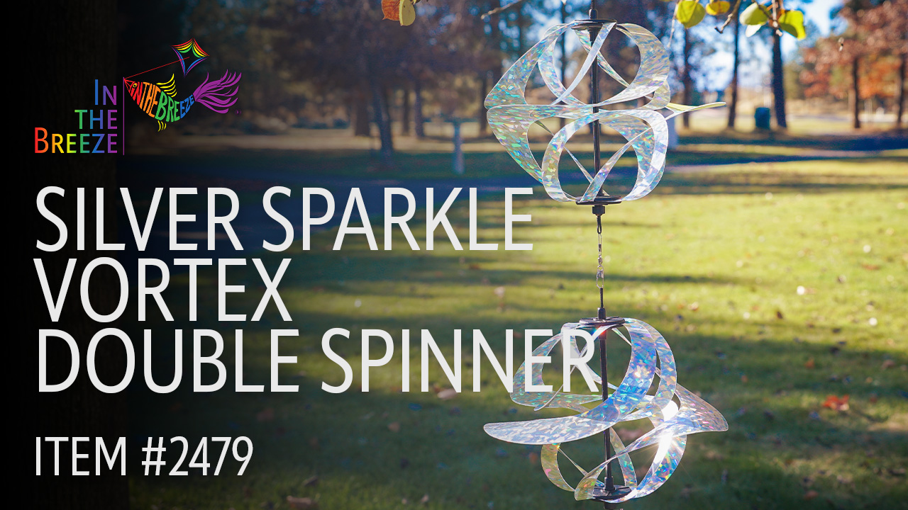 thumbnail video image 2 of In the Breeze 2479 — Silver Sparkle Double Vortex Spinner — Mesmerizing and Colorful Hanging Wind Spinner, 2 of 5