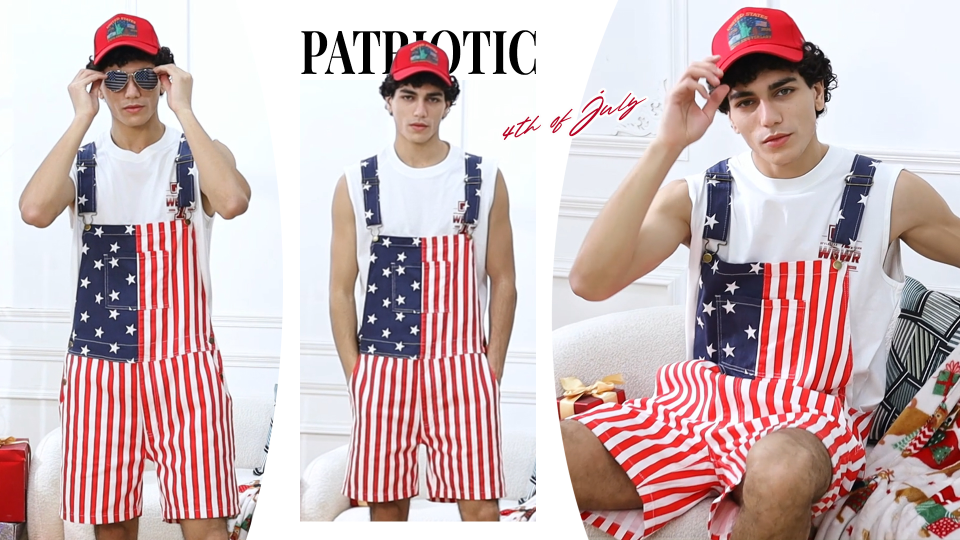 thumbnail video image 2 of 250th Anniversary American Flag Overalls Men Shorts 4th of July Jumpsuit Festival Coveralls Independence Day(Red White and Blue,L), 2 of 11
