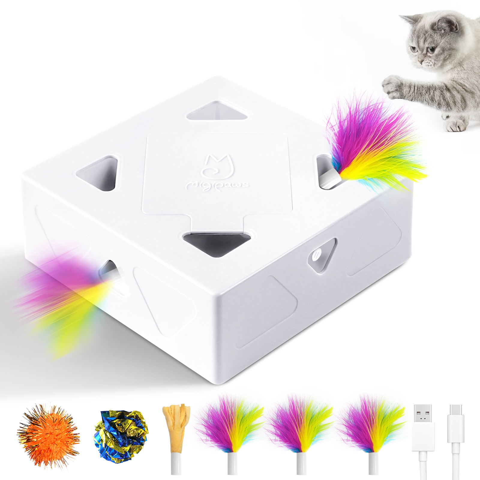 thumbnail video image 2 of Migipaws Interactive Cat Toys -Migibox for Indoor Bored Cats, Automatic Pop Out Feathers from 7 Holes Randomly, Motion Activated, USB Rechargeable, 2 of 7